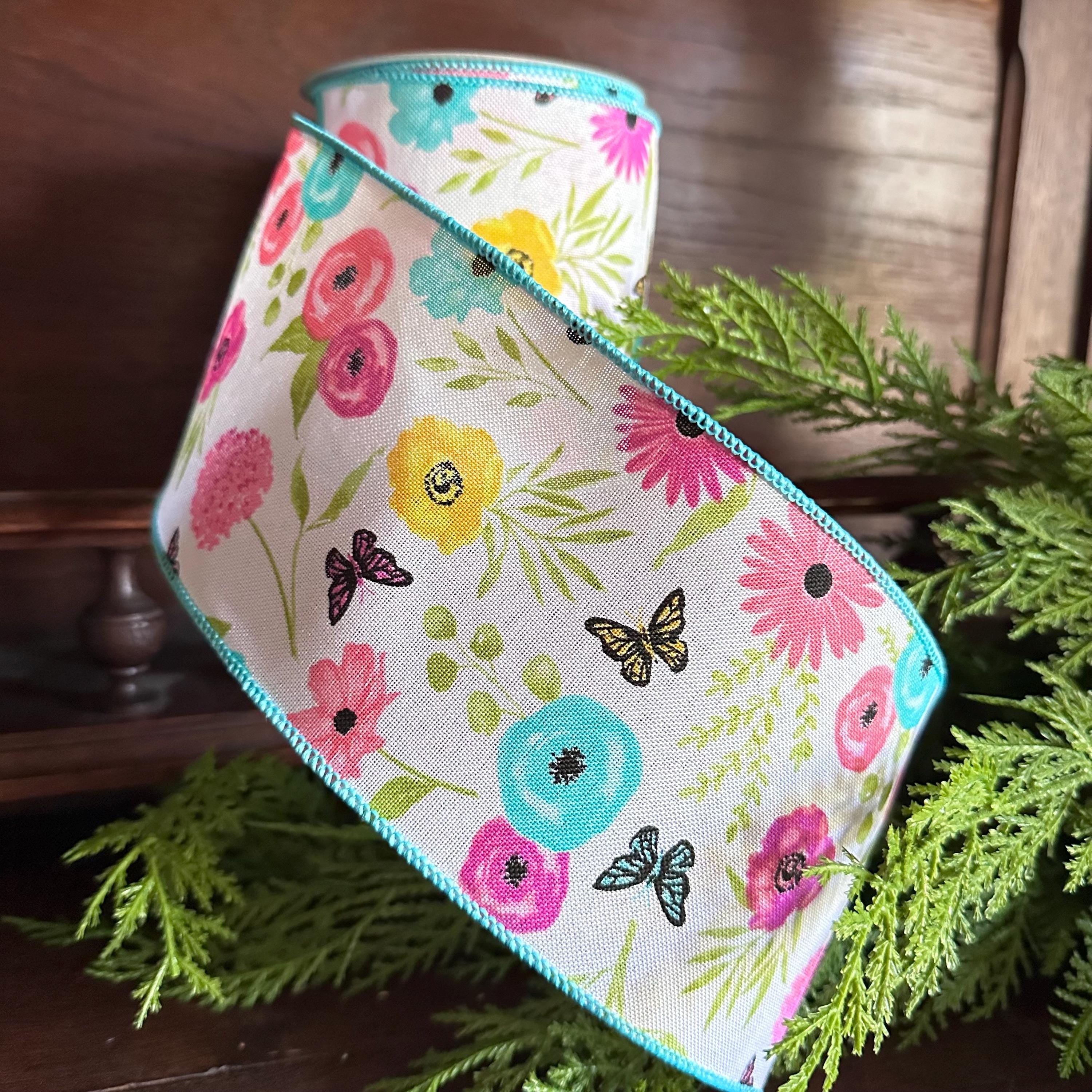 Floral Wired Ribbon Wildflower Ribbon with Greenery Butterflies for Wreaths Bows Craft Gift Wrapping Spring Summer Home Decor Spring Ribbon
