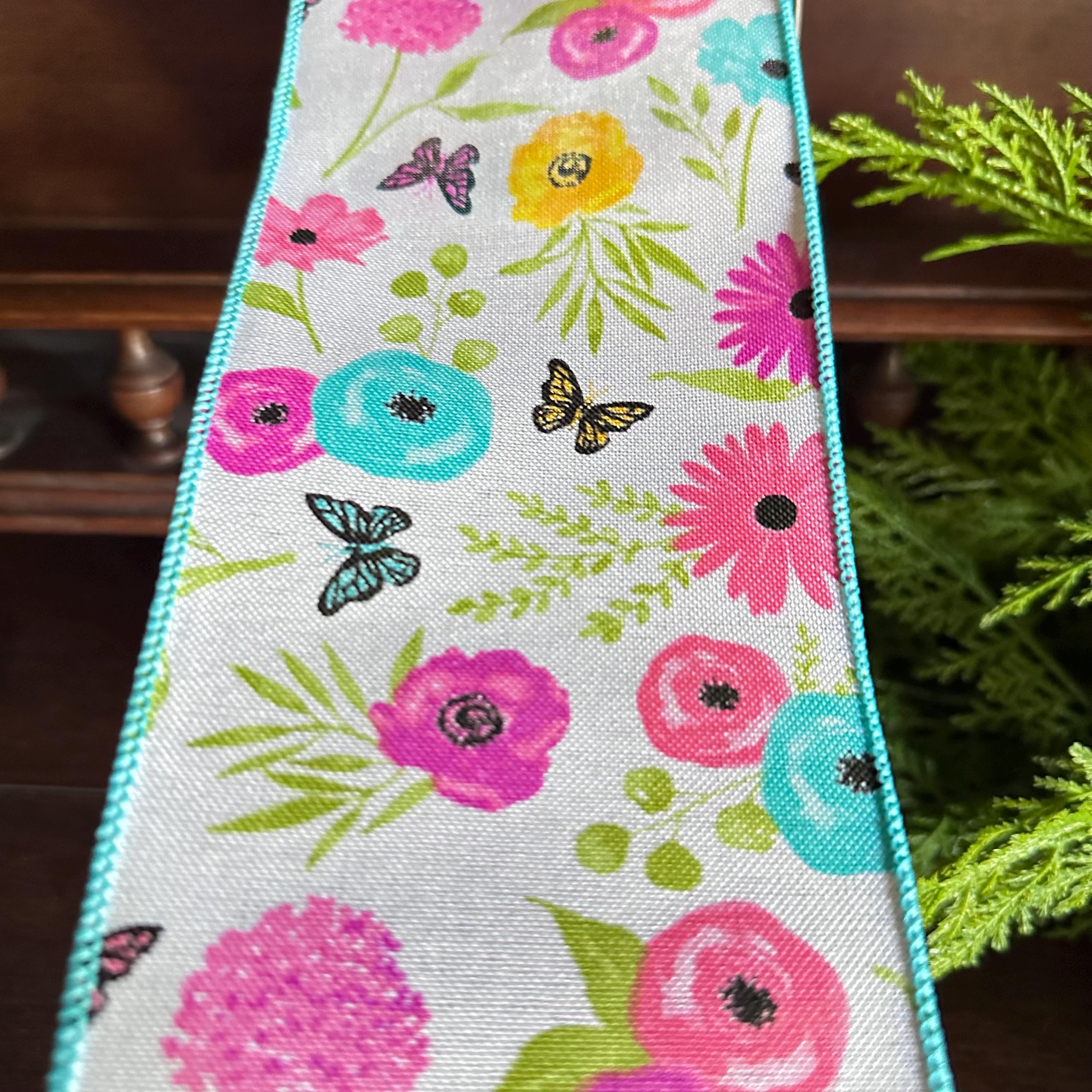 Floral Wired Ribbon Wildflower Ribbon with Greenery Butterflies for Wreaths Bows Craft Gift Wrapping Spring Summer Home Decor Spring Ribbon