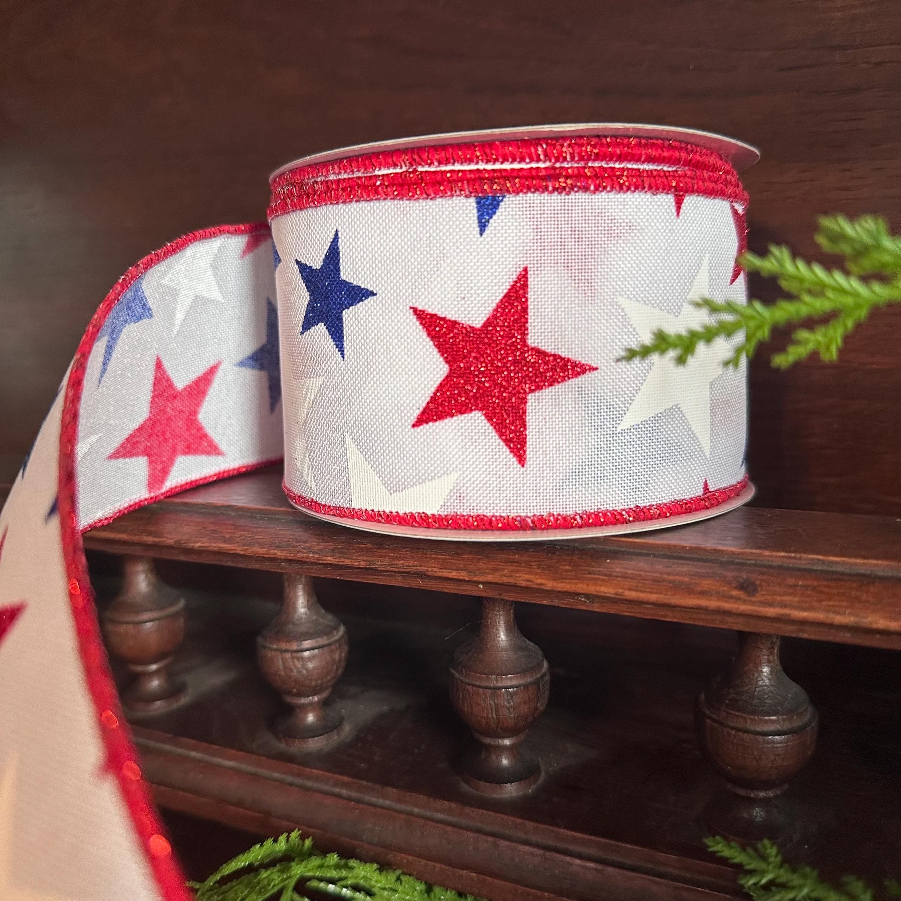 Patriotic Star Ribbon Red White Blue Glitter Stars Wired Ribbon Fourth of July Decor Wreath Ribbon Bow Making