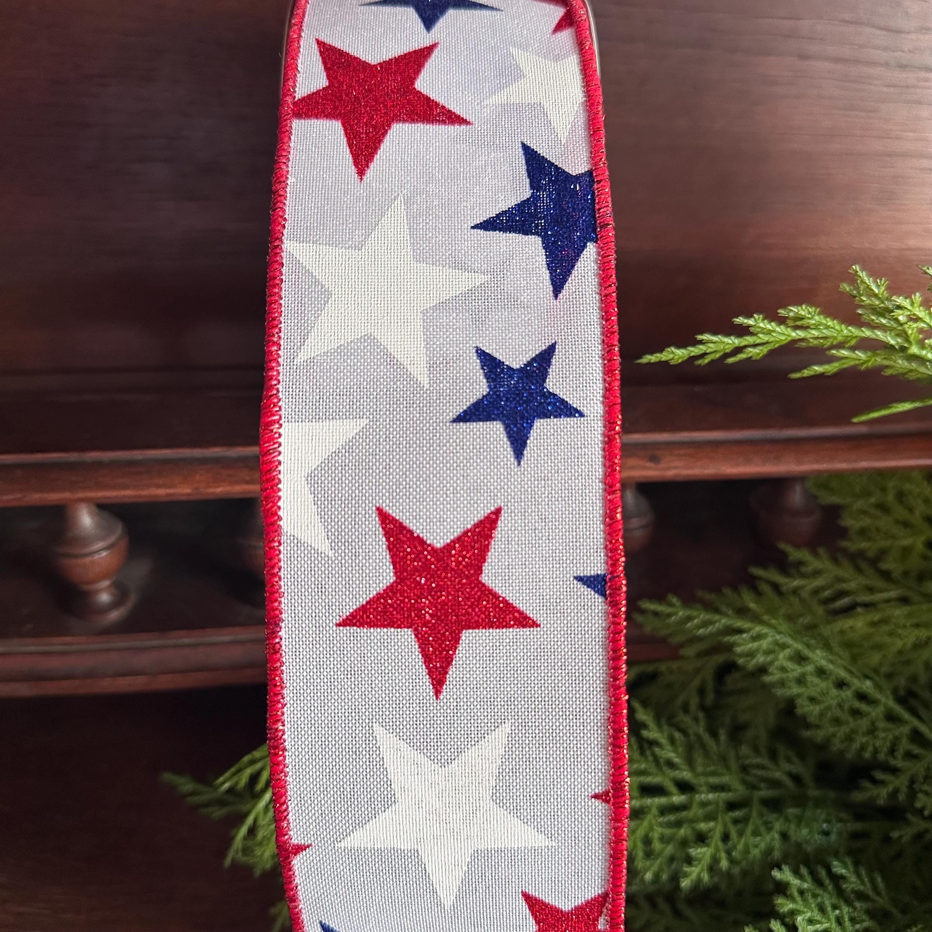 Patriotic Star Ribbon Red White Blue Glitter Stars Wired Ribbon Fourth of July Decor Wreath Ribbon Bow Making