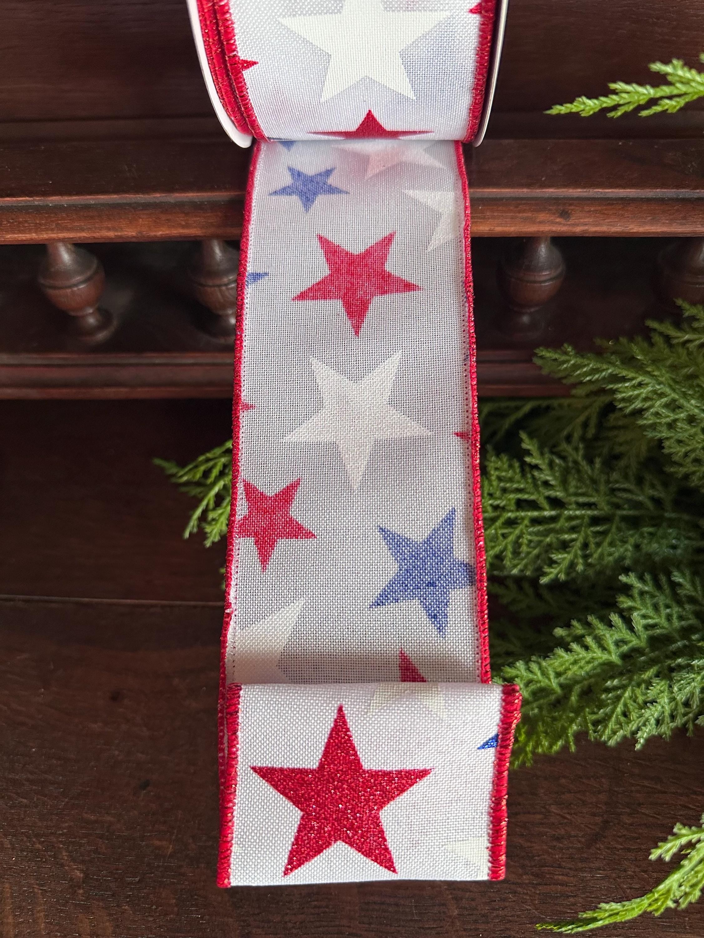 Patriotic Star Ribbon Red White Blue Glitter Stars Wired Ribbon Fourth of July Decor Wreath Ribbon Bow Making