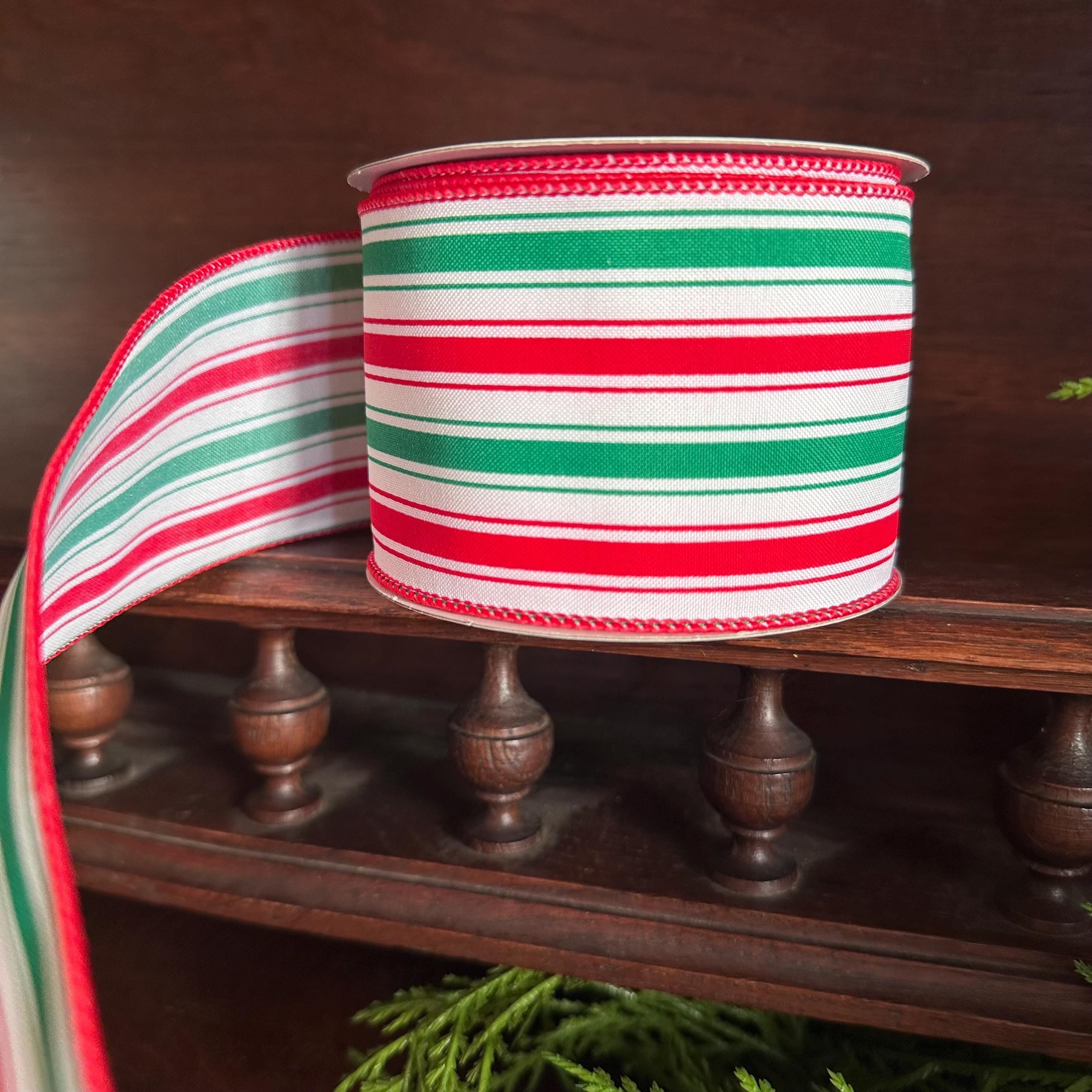 Red Green Stripe Wired Ribbon Candy Stripe Ribbon for Wreath Bows Watermelon Summer Christmas Ribbon