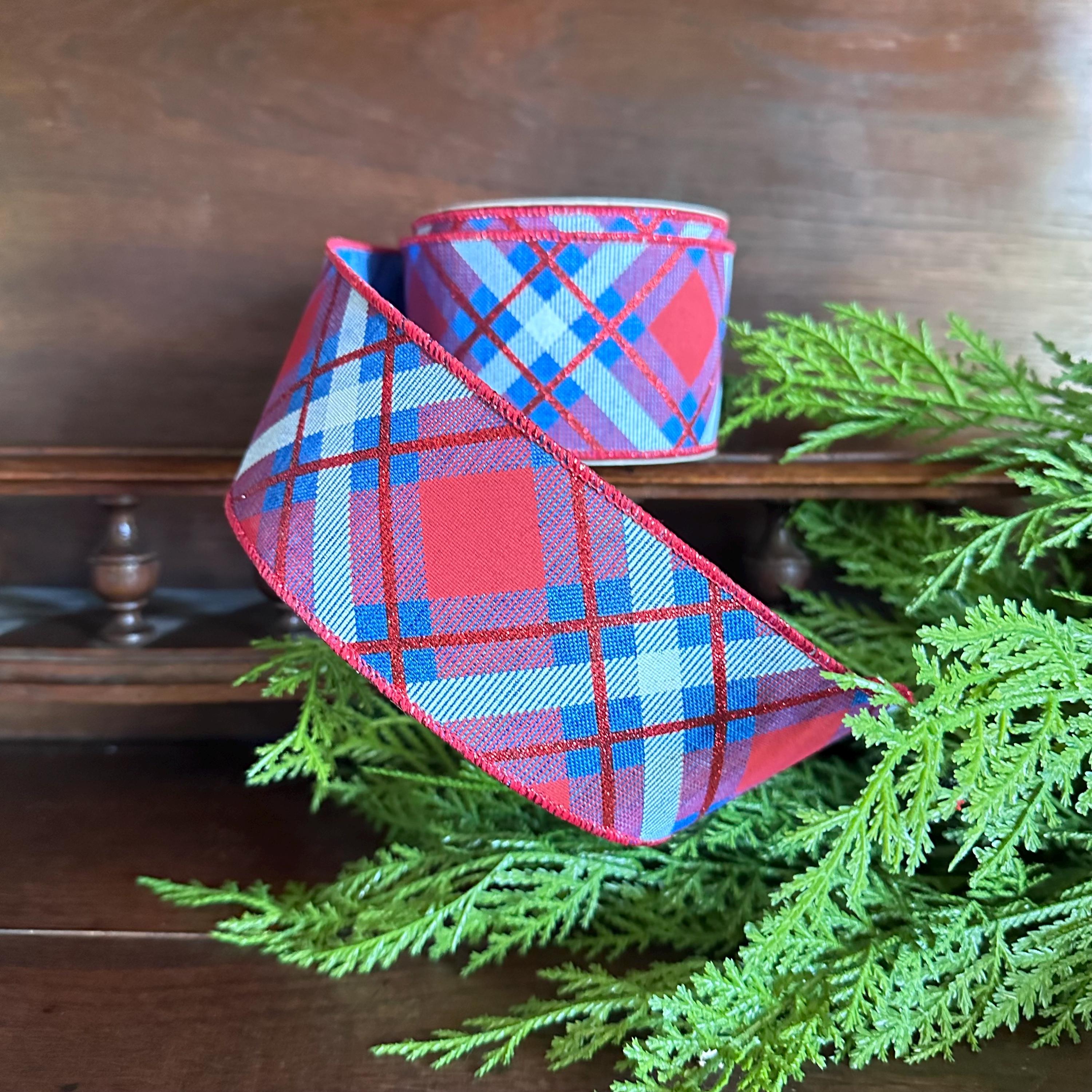 Plaid ribbon, Red White Blue Plaid, Wired Ribbon, 4th of July Decor, Craft Supply, Americana Decor, Summer Ribbon, gift wrapping