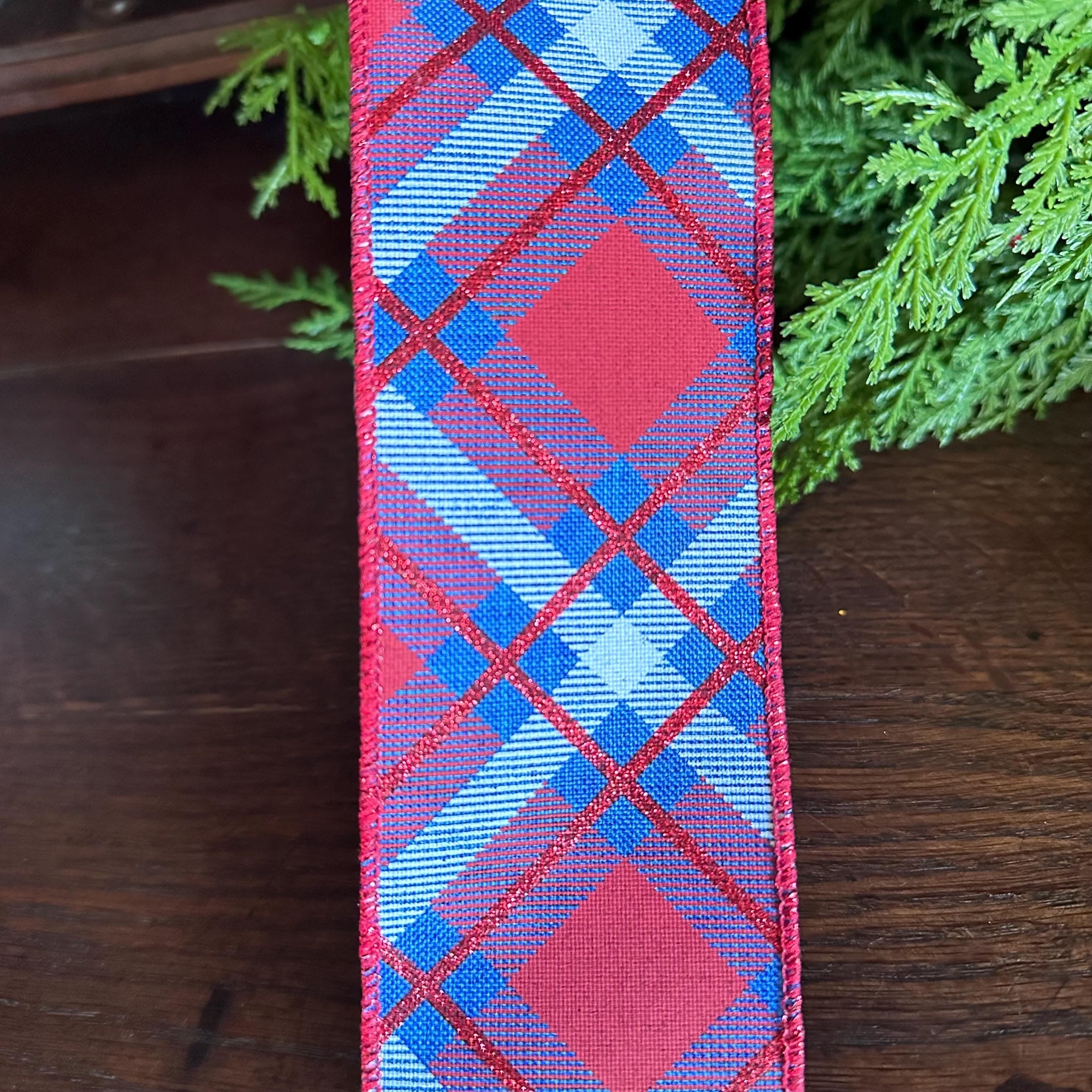 Plaid ribbon, Red White Blue Plaid, Wired Ribbon, 4th of July Decor, Craft Supply, Americana Decor, Summer Ribbon, gift wrapping