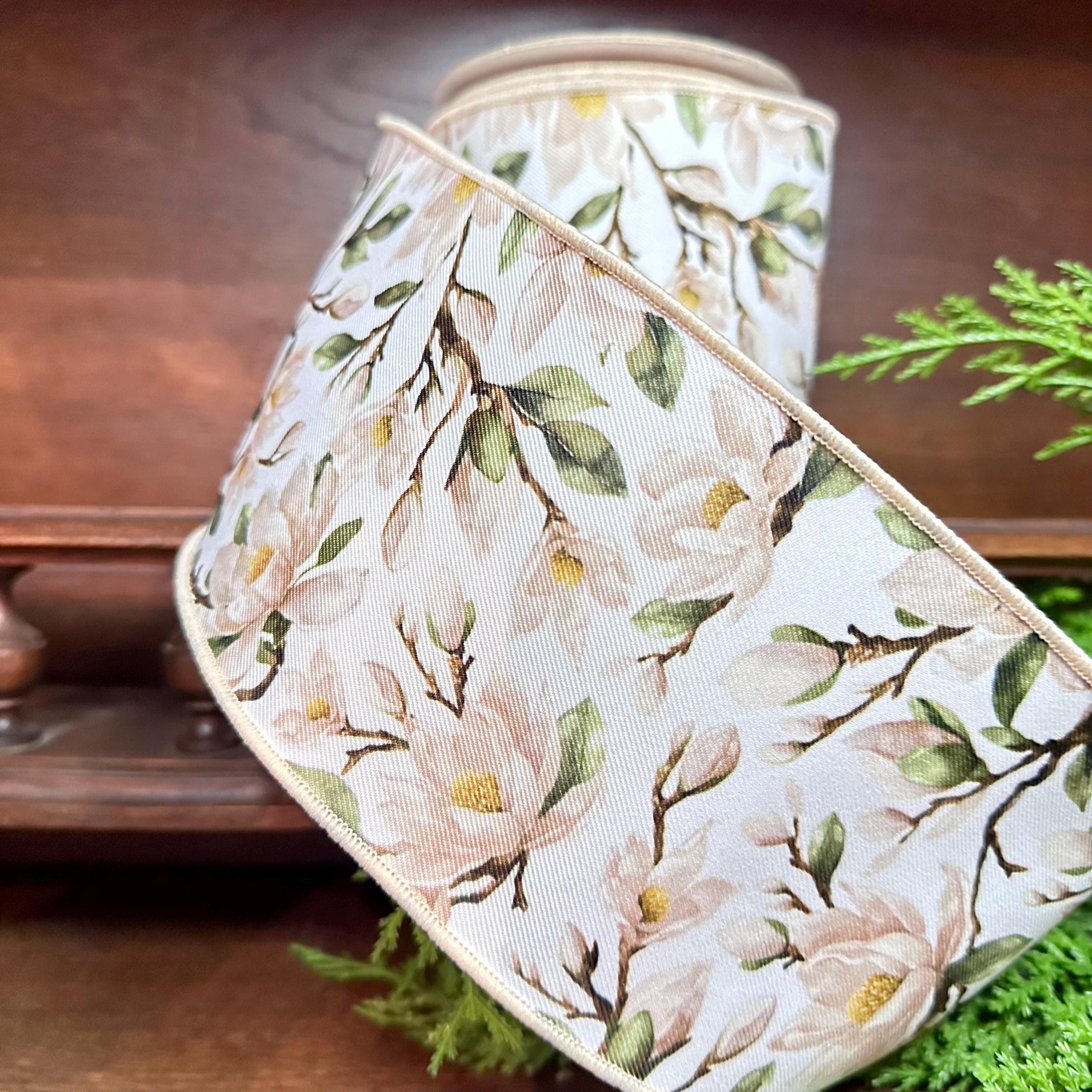 Designer Magnolia Floral Wired Ribbon, Soft Neutral Flower Ribbon for Wreaths and Décor 4"x 10yds