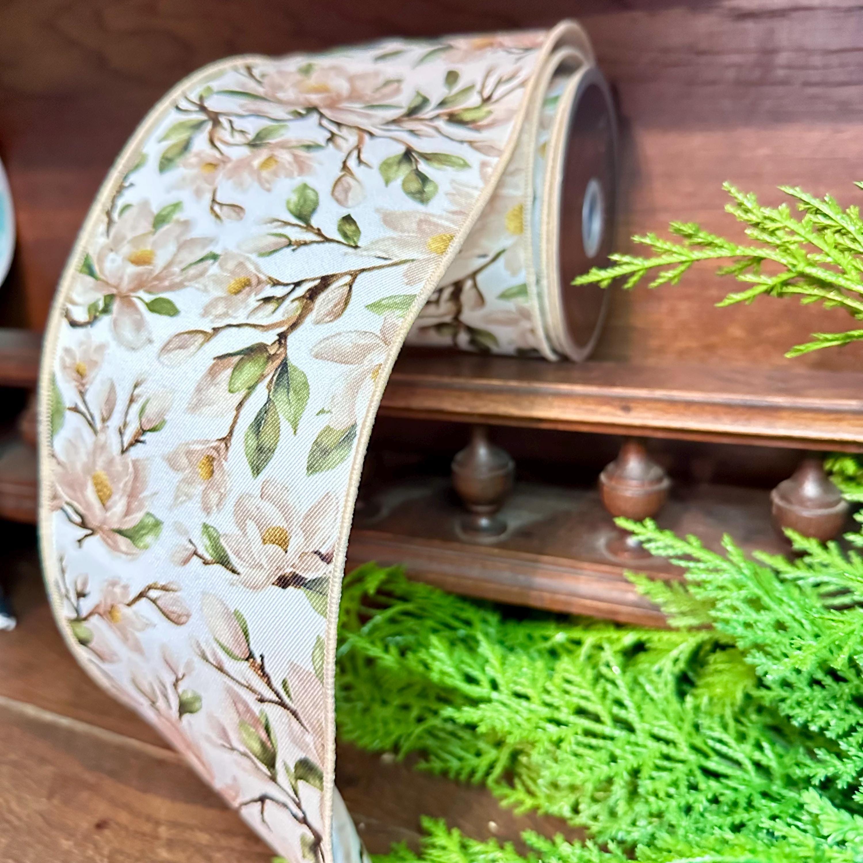 Designer Magnolia Floral Wired Ribbon, Soft Neutral Flower Ribbon for Wreaths and Décor 4"x 10yds