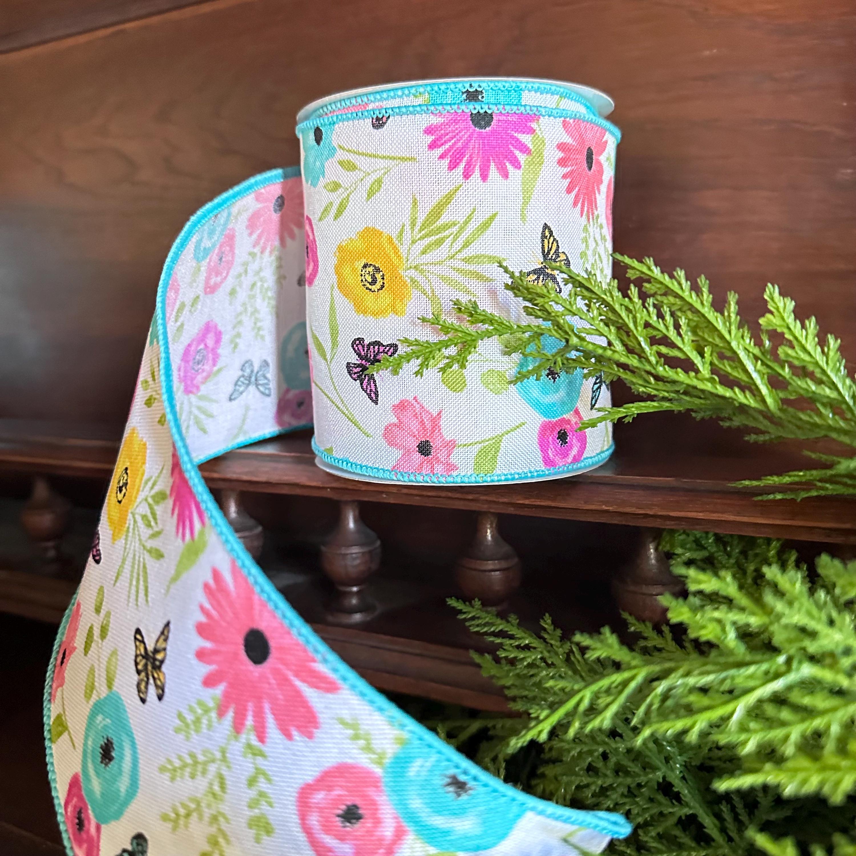 Floral Wired Ribbon Wildflower Ribbon with Greenery Butterflies for Wreaths Bows Craft Gift Wrapping Spring Summer Home Decor Spring Ribbon