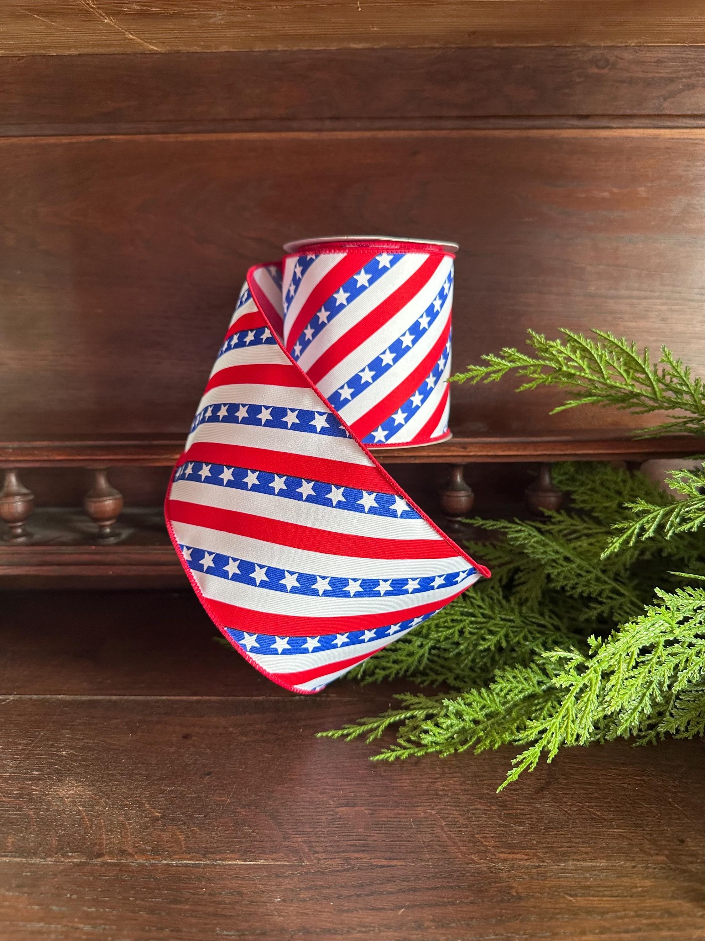 Red White and Blue Patriotic Wired Ribbon – Stars and Stripes 4 Inch Ribbon for Wreaths Bows and 4th of July Decor