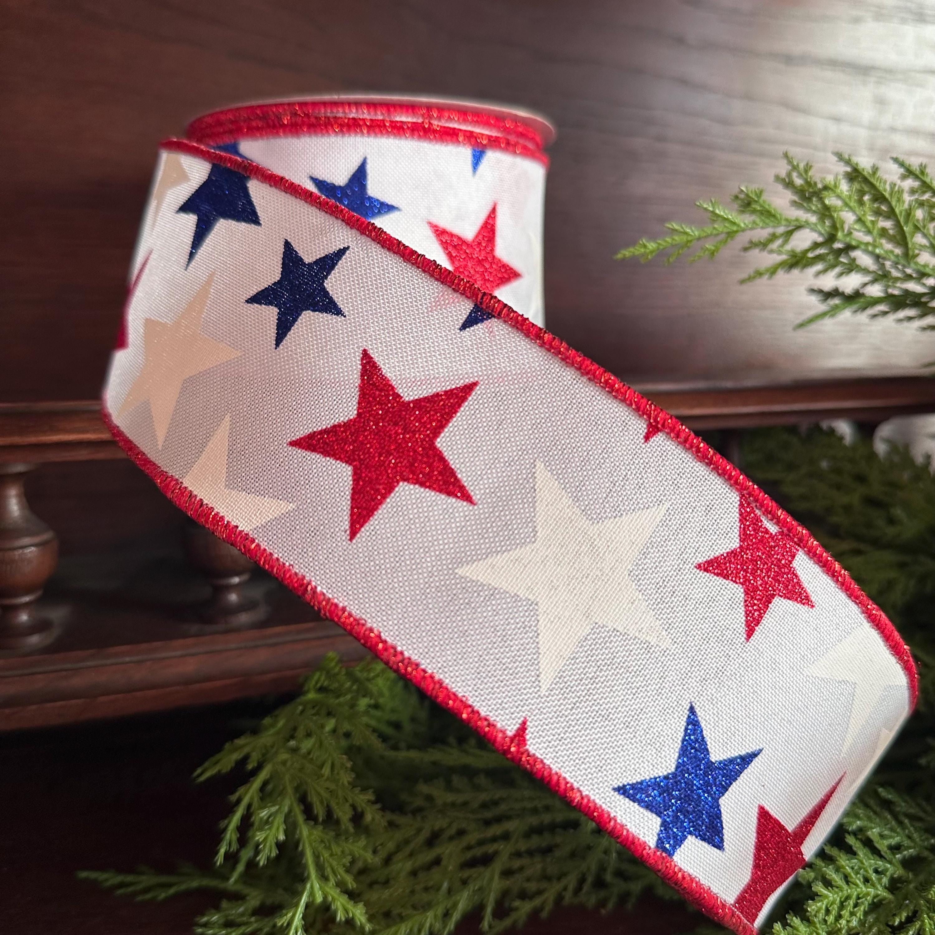 Patriotic Star Ribbon Red White Blue Glitter Stars Wired Ribbon Fourth of July Decor Wreath Ribbon Bow Making