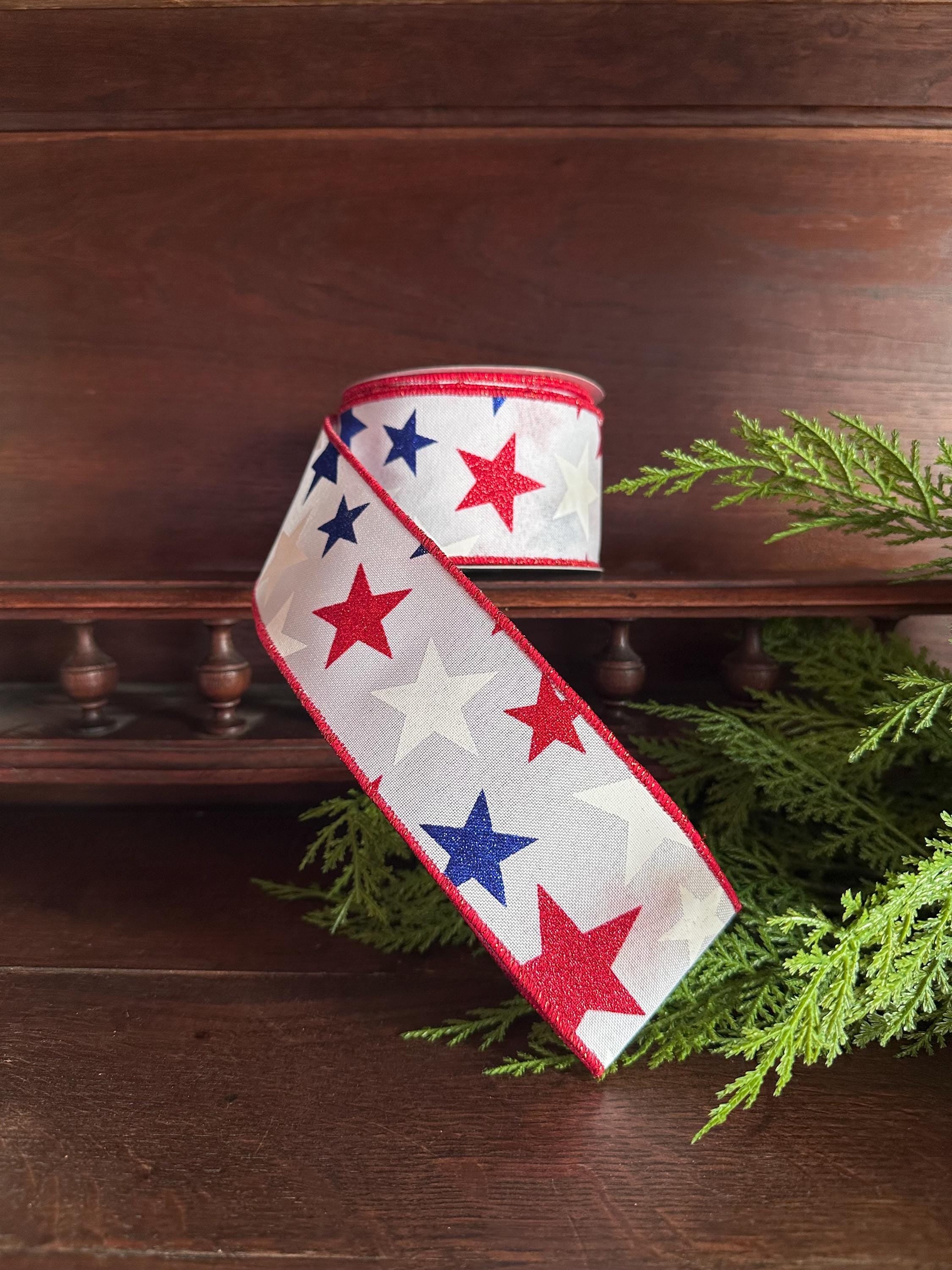 Patriotic Star Ribbon Red White Blue Glitter Stars Wired Ribbon Fourth of July Decor Wreath Ribbon Bow Making