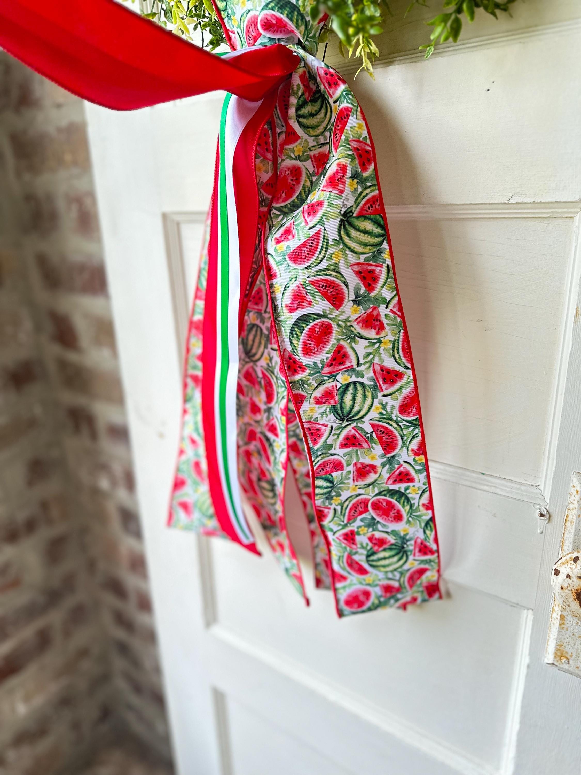 Watermelon Wreath Sash with Ribbon Spring Summer Front Door Decor Mother’s Day Gift for Her Red Green Ribbon Bow Accent