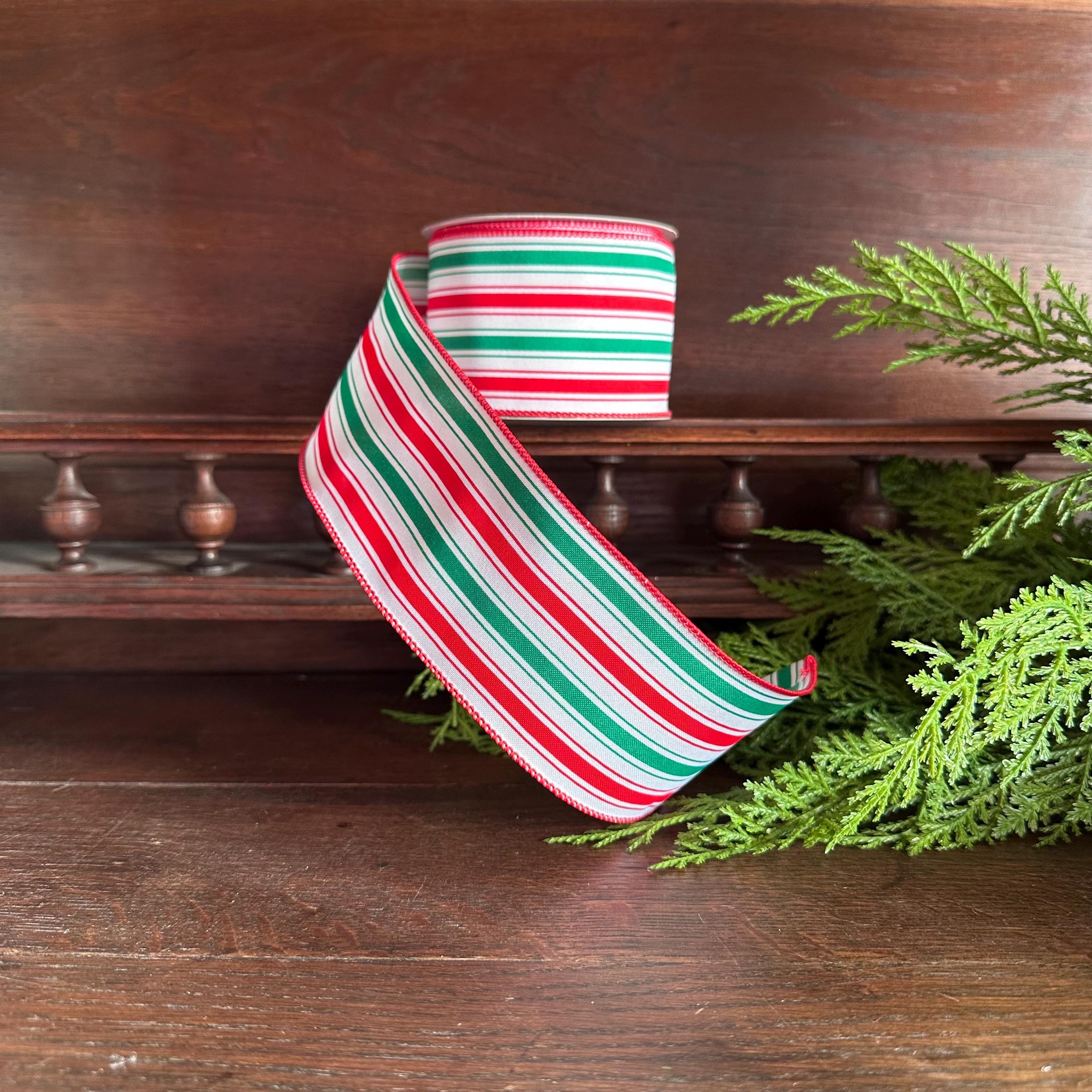 Red Green Stripe Wired Ribbon Candy Stripe Ribbon for Wreath Bows Watermelon Summer Christmas Ribbon