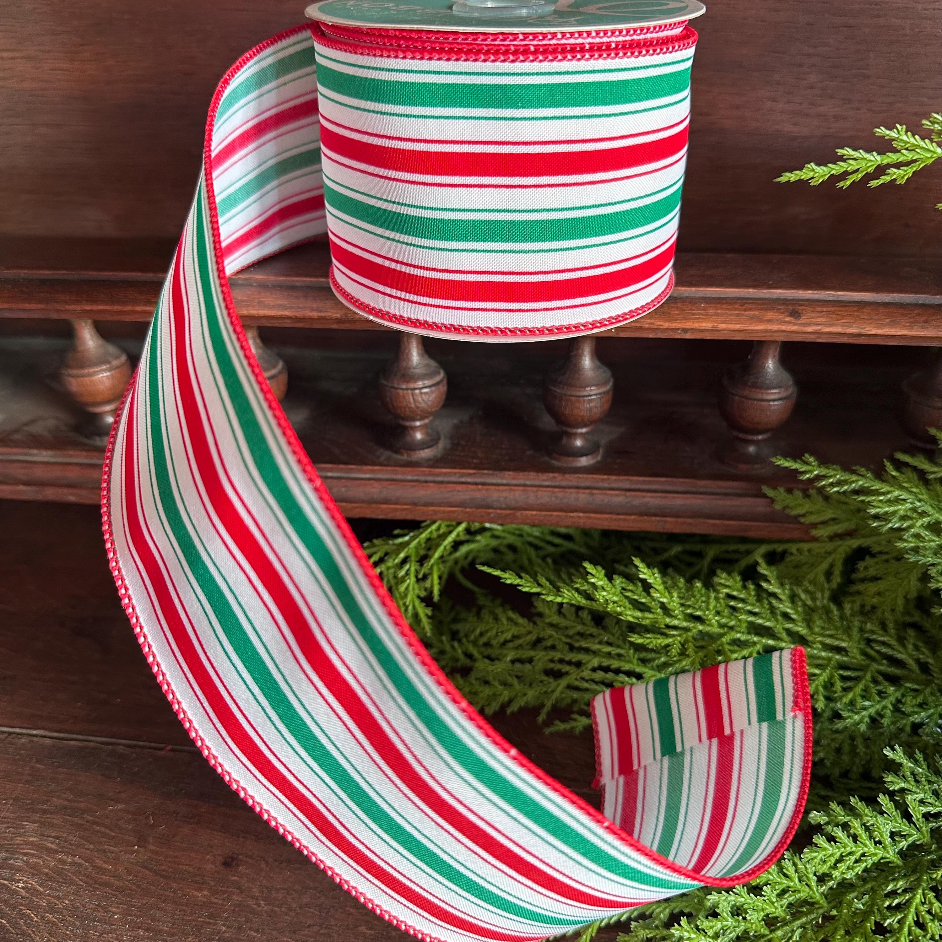 Red Green Stripe Wired Ribbon Candy Stripe Ribbon for Wreath Bows Watermelon Summer Christmas Ribbon