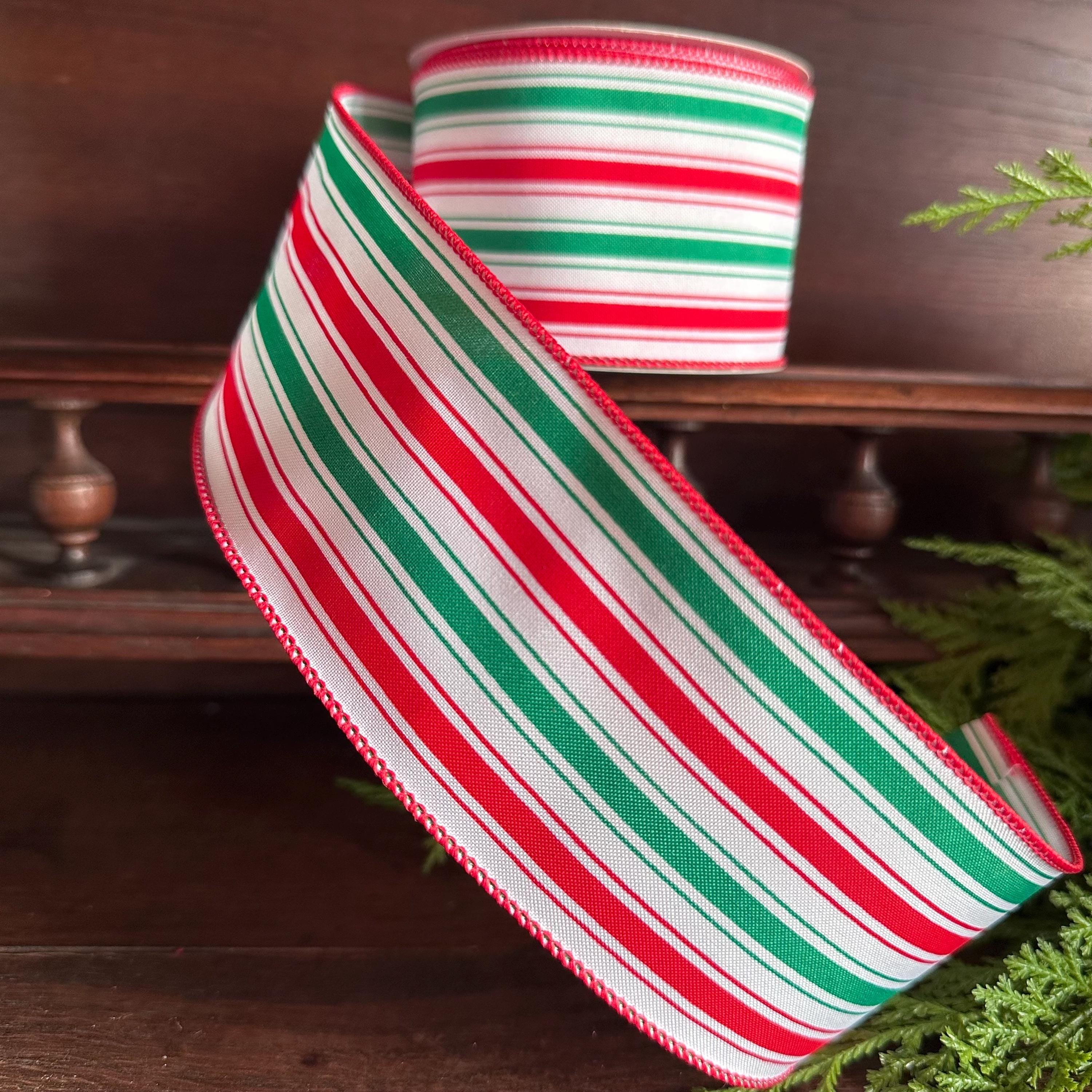 Red Green Stripe Wired Ribbon Candy Stripe Ribbon for Wreath Bows Watermelon Summer Christmas Ribbon