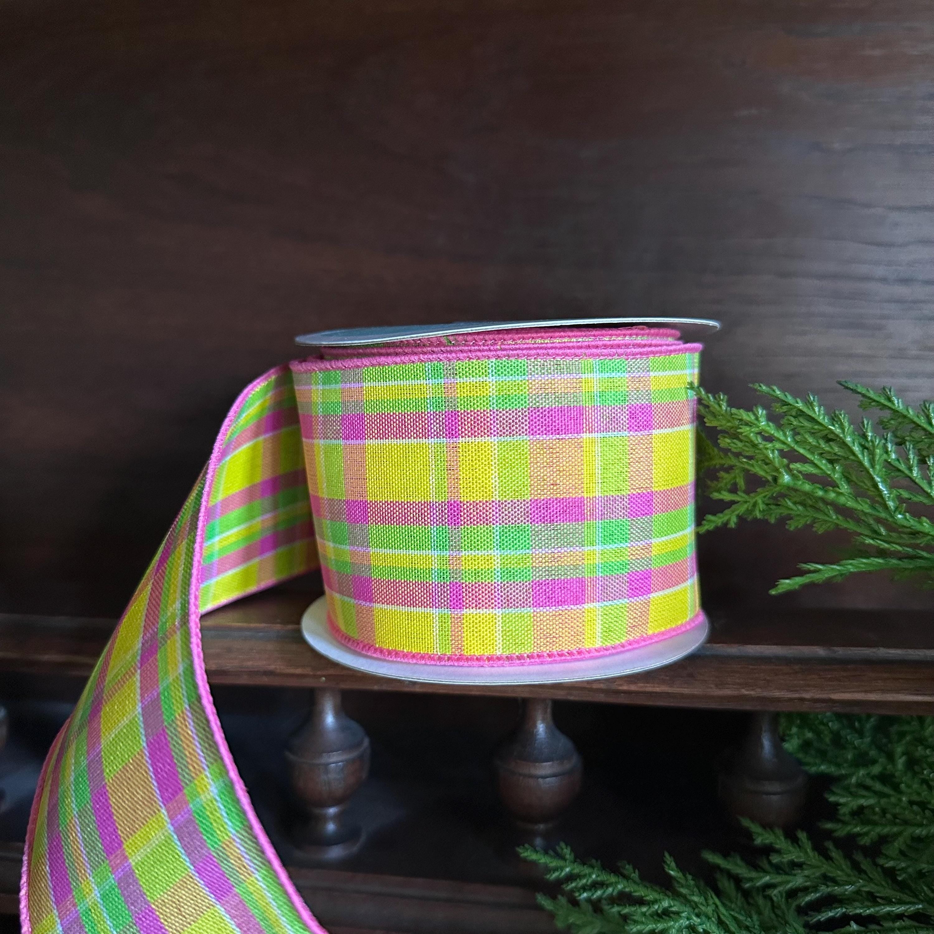 Pink Yellow Plaid Wired Ribbon, Spring Easter Ribbon, Plaid Ribbon for Wreaths, Bows & Floral Crafting