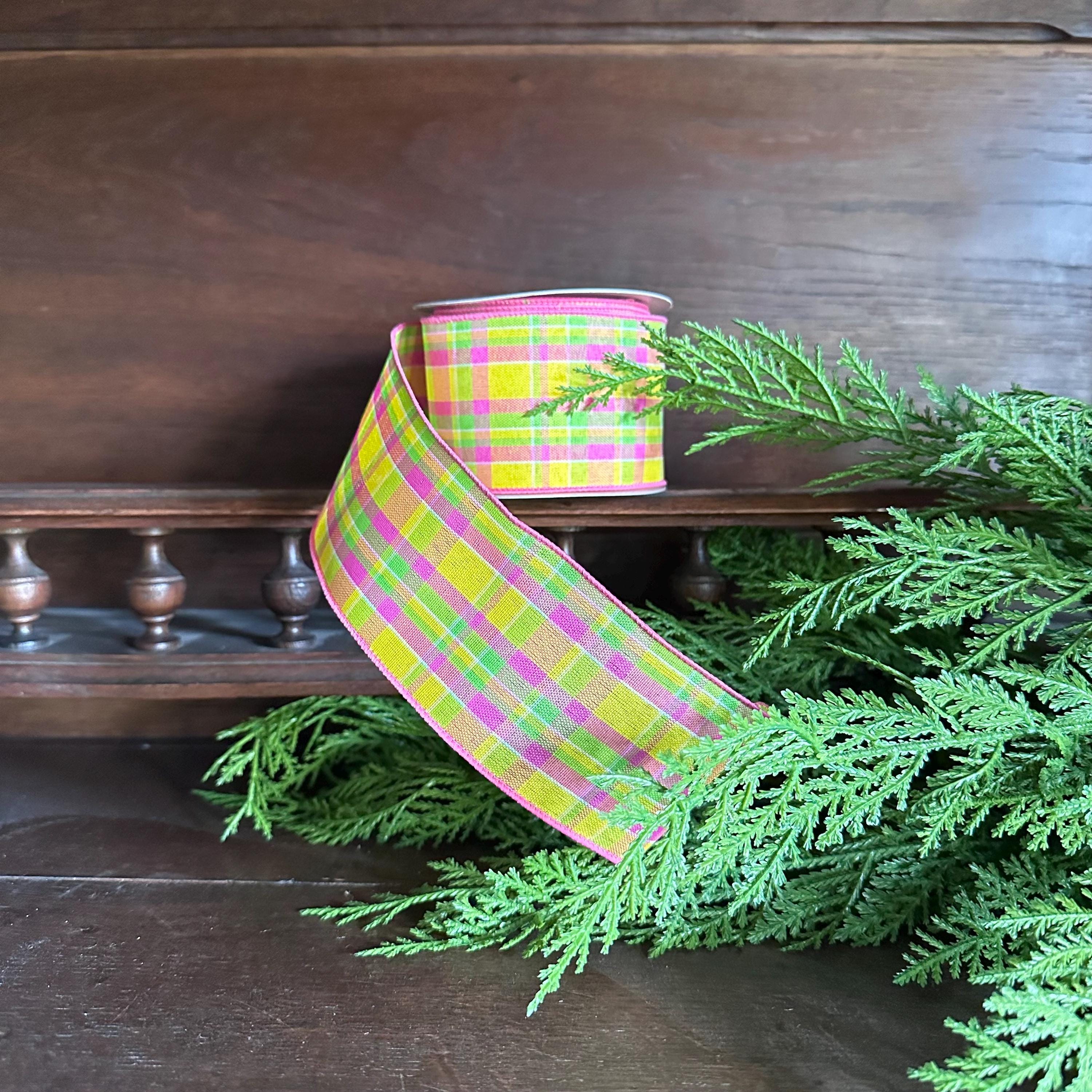Pink Yellow Plaid Wired Ribbon, Spring Easter Ribbon, Plaid Ribbon for Wreaths, Bows & Floral Crafting