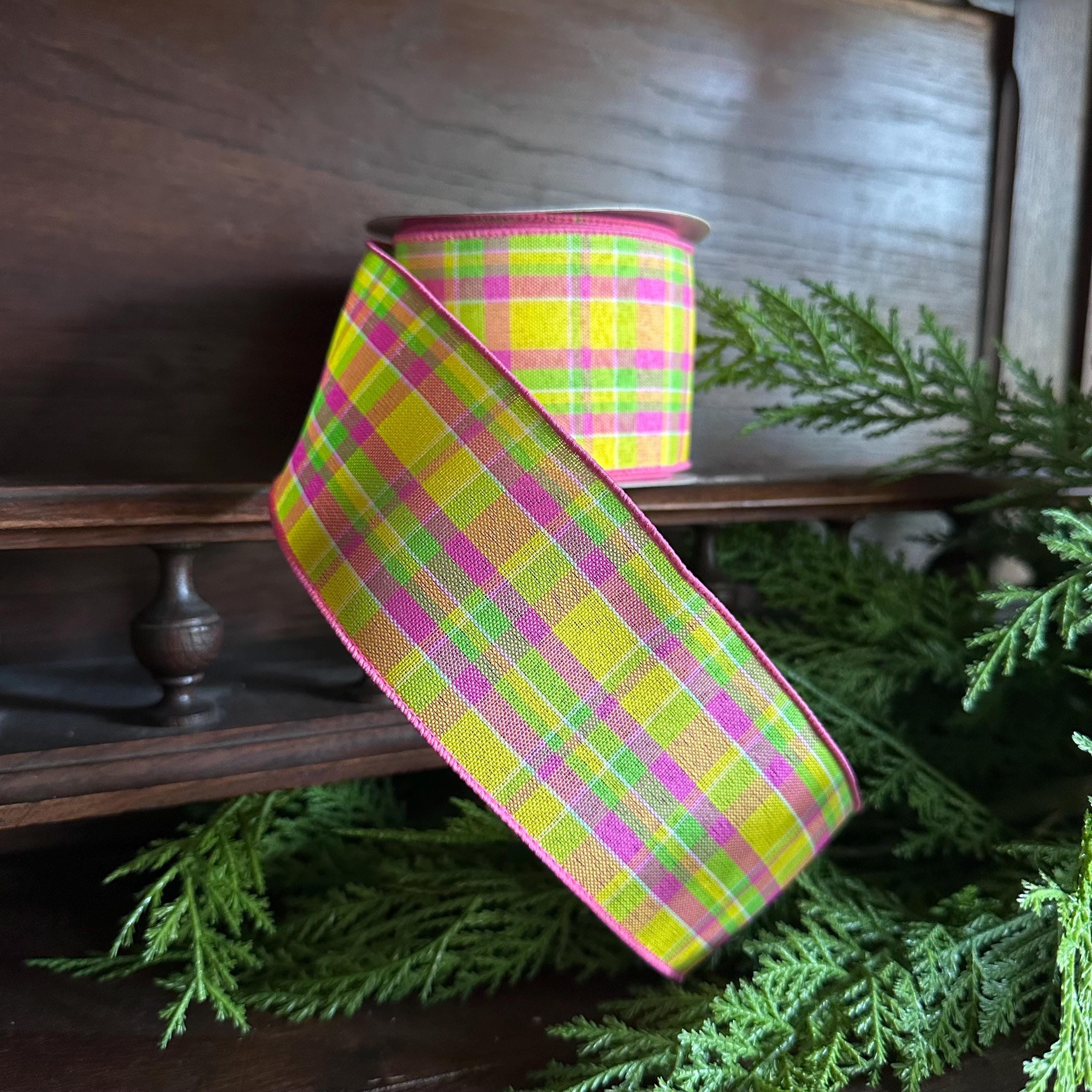 Pink Yellow Plaid Wired Ribbon, Spring Easter Ribbon, Plaid Ribbon for Wreaths, Bows & Floral Crafting