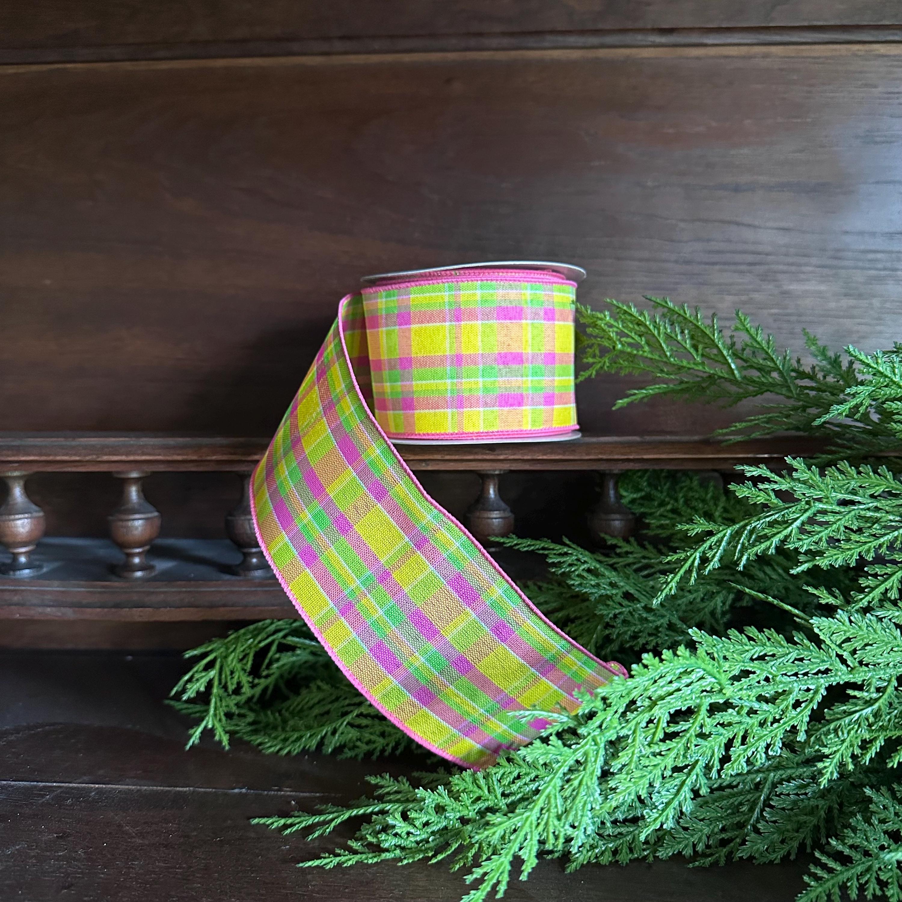 Pink Yellow Plaid Wired Ribbon, Spring Easter Ribbon, Plaid Ribbon for Wreaths, Bows & Floral Crafting