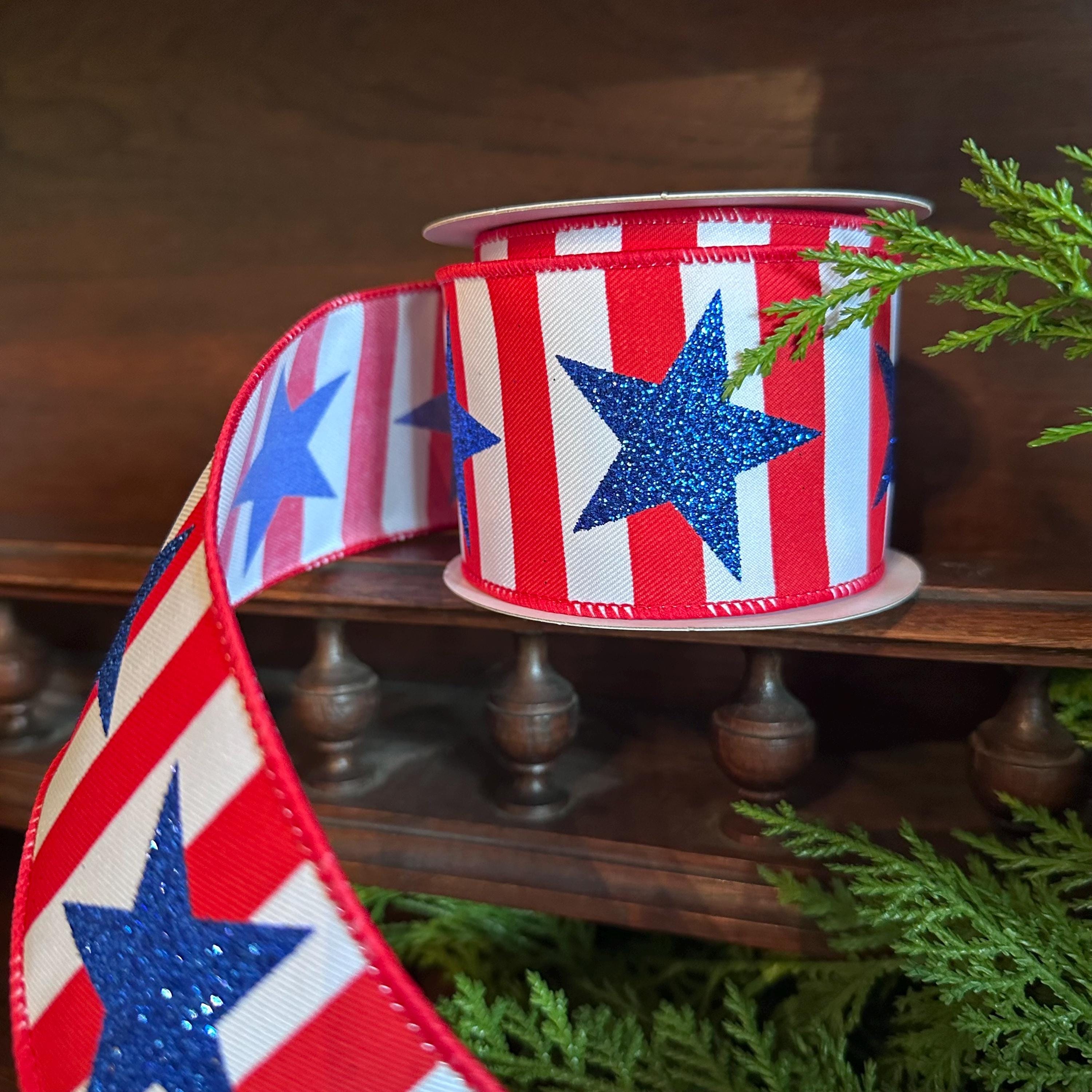 Patriotic Stars and Stripes Wired Ribbon, Red White Blue USA Decor Ribbon