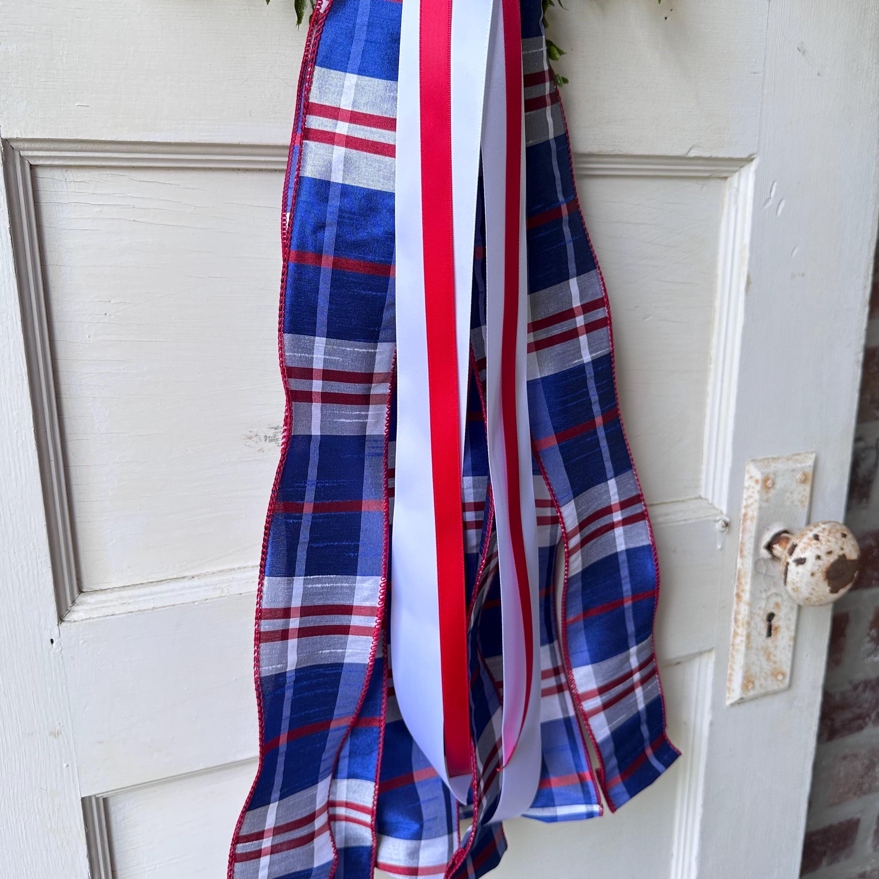 Red white blue plaid wreath sash patriotic front door ribbon bow 4th of July boxwood wreath decor Americana wired ribbon sash