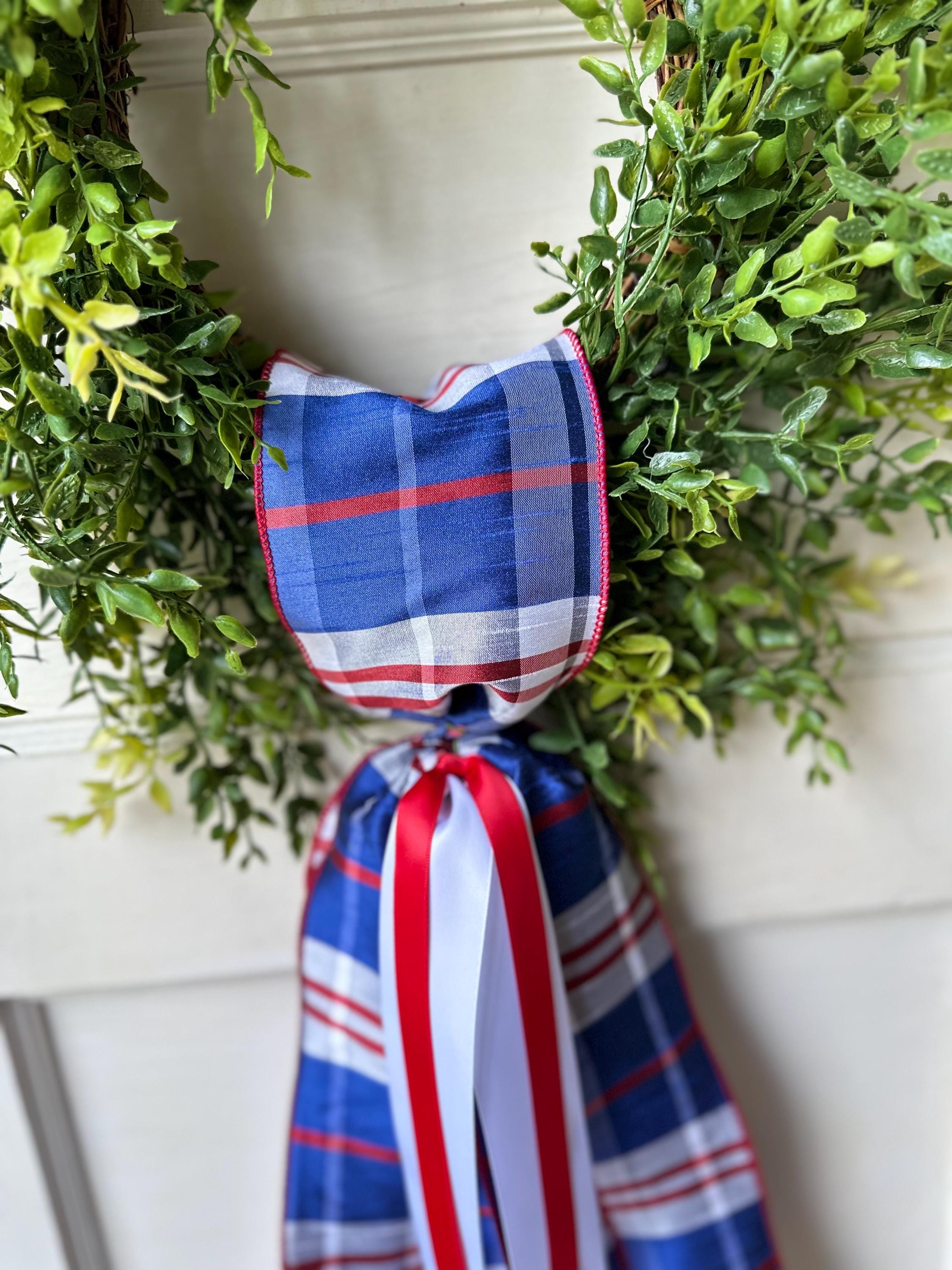 Red white blue plaid wreath sash patriotic front door ribbon bow 4th of July boxwood wreath decor Americana wired ribbon sash