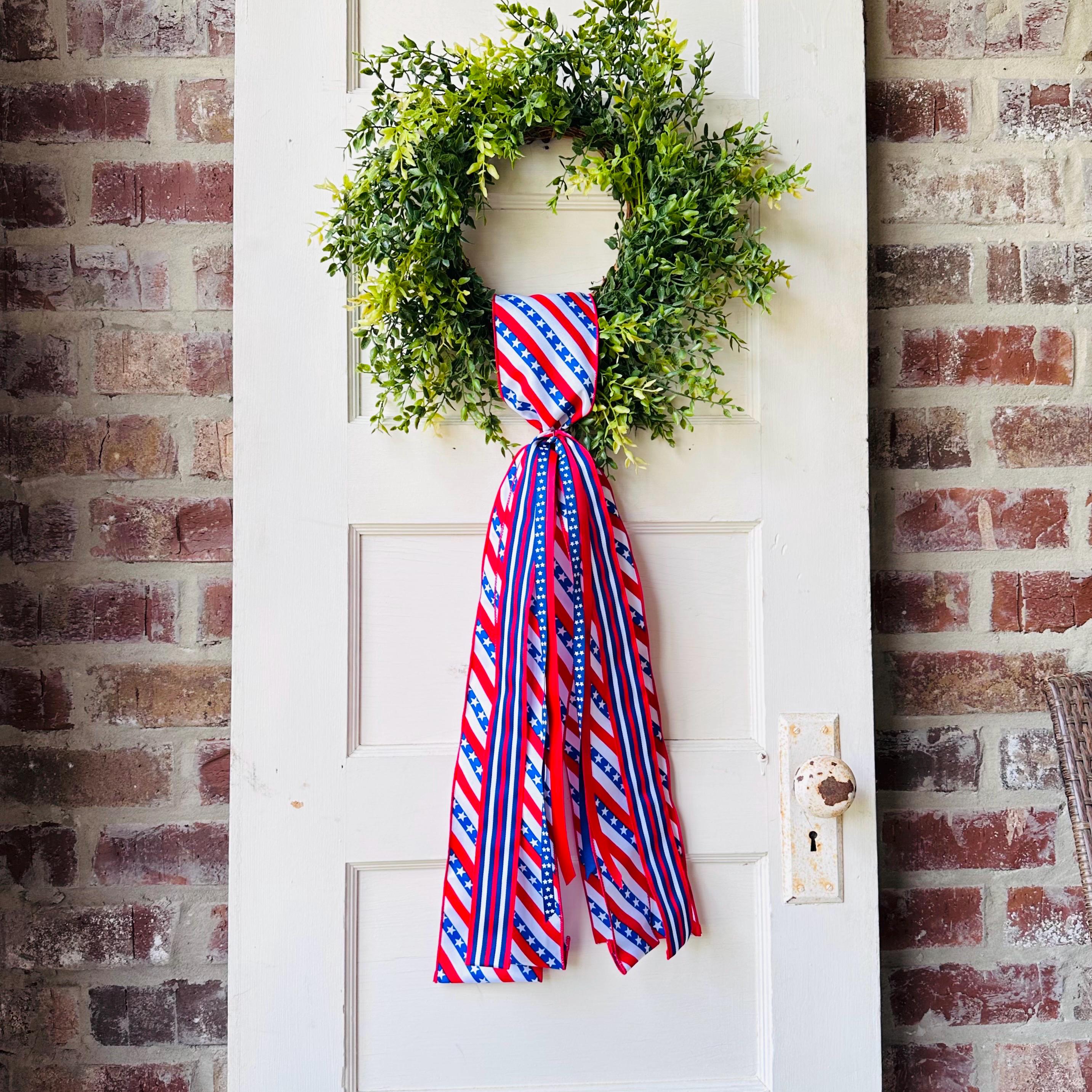 Red white blue plaid wreath sash patriotic front door ribbon bow 4th of July boxwood wreath decor Americana wired ribbon sash