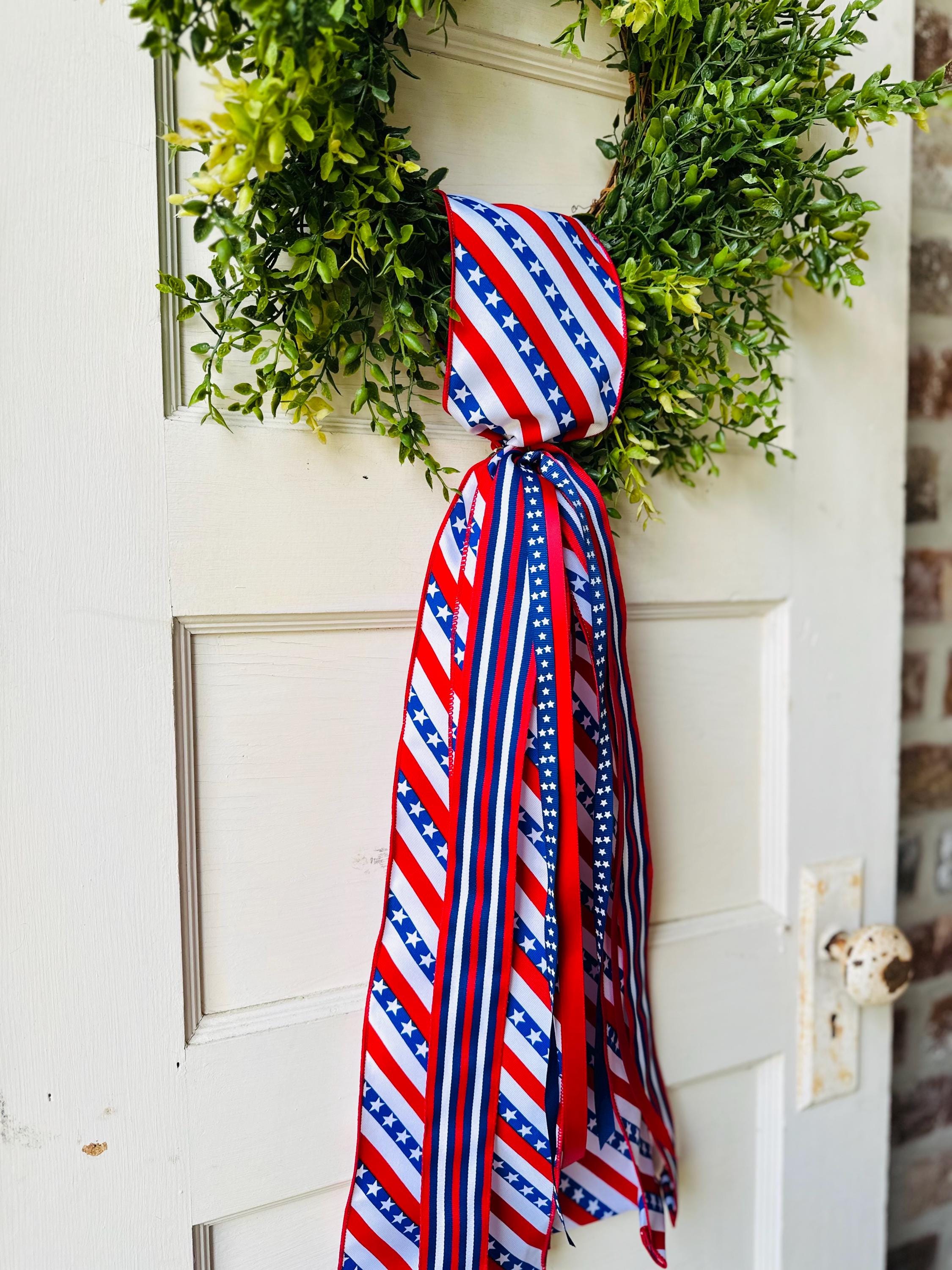 Red white blue plaid wreath sash patriotic front door ribbon bow 4th of July boxwood wreath decor Americana wired ribbon sash