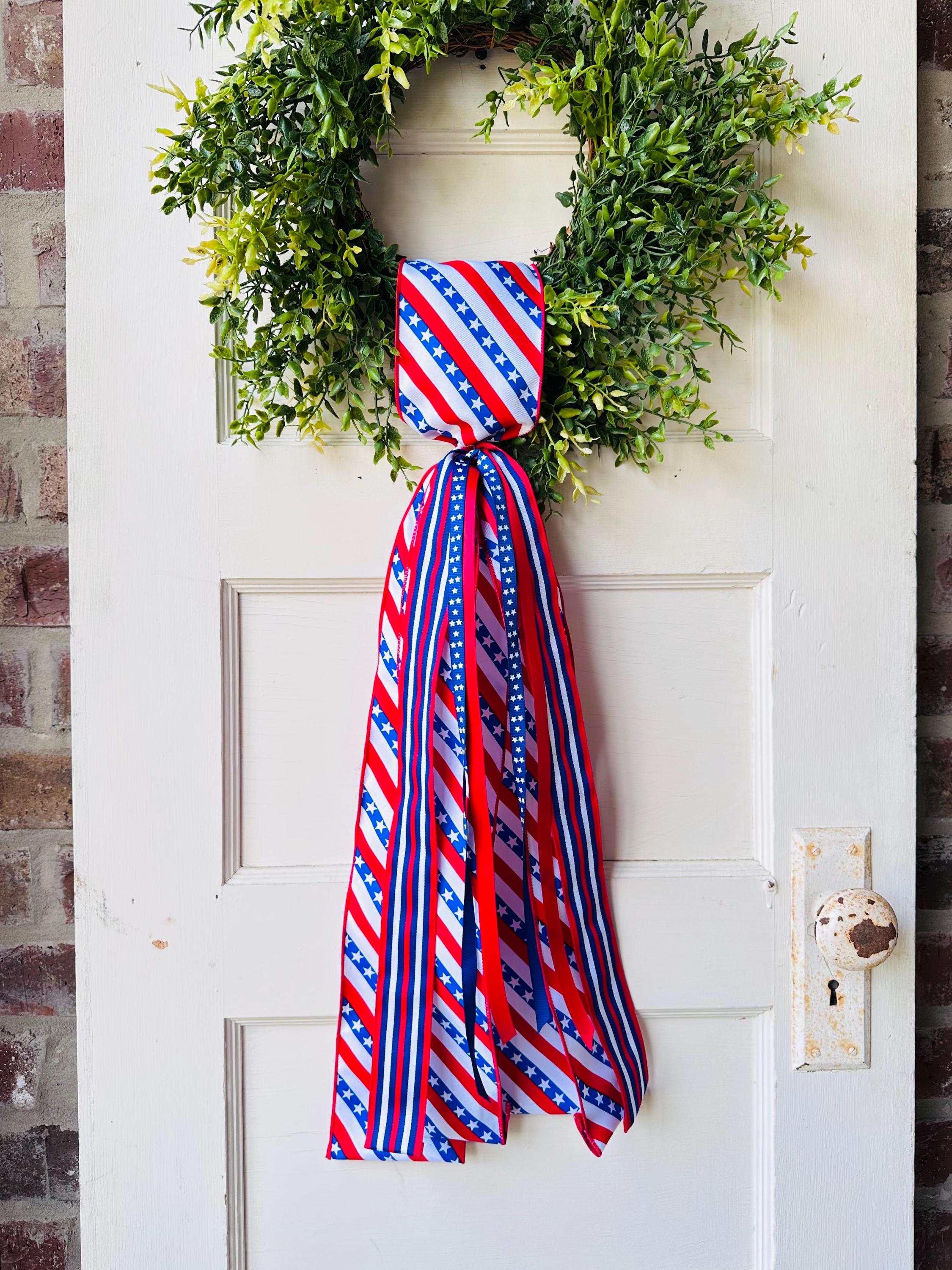 Red white blue plaid wreath sash patriotic front door ribbon bow 4th of July boxwood wreath decor Americana wired ribbon sash