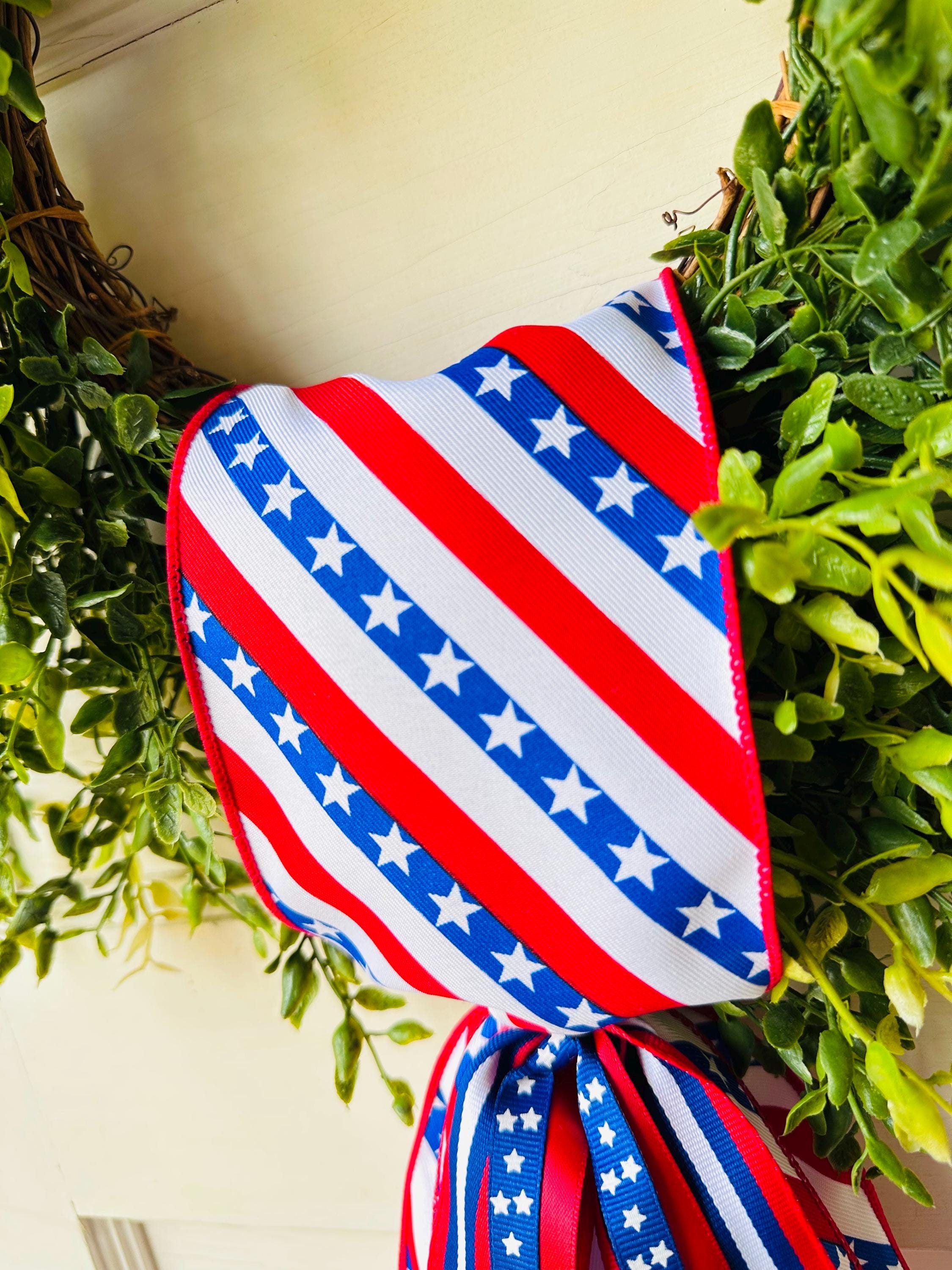 Red white blue plaid wreath sash patriotic front door ribbon bow 4th of July boxwood wreath decor Americana wired ribbon sash