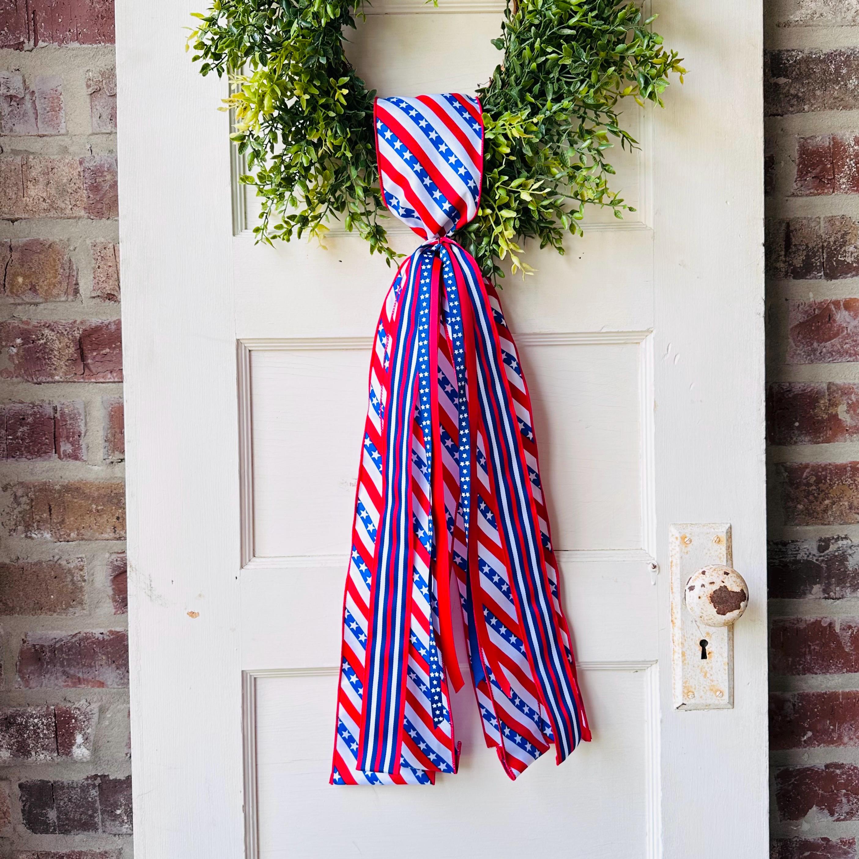 Red white blue plaid wreath sash patriotic front door ribbon bow 4th of July boxwood wreath decor Americana wired ribbon sash