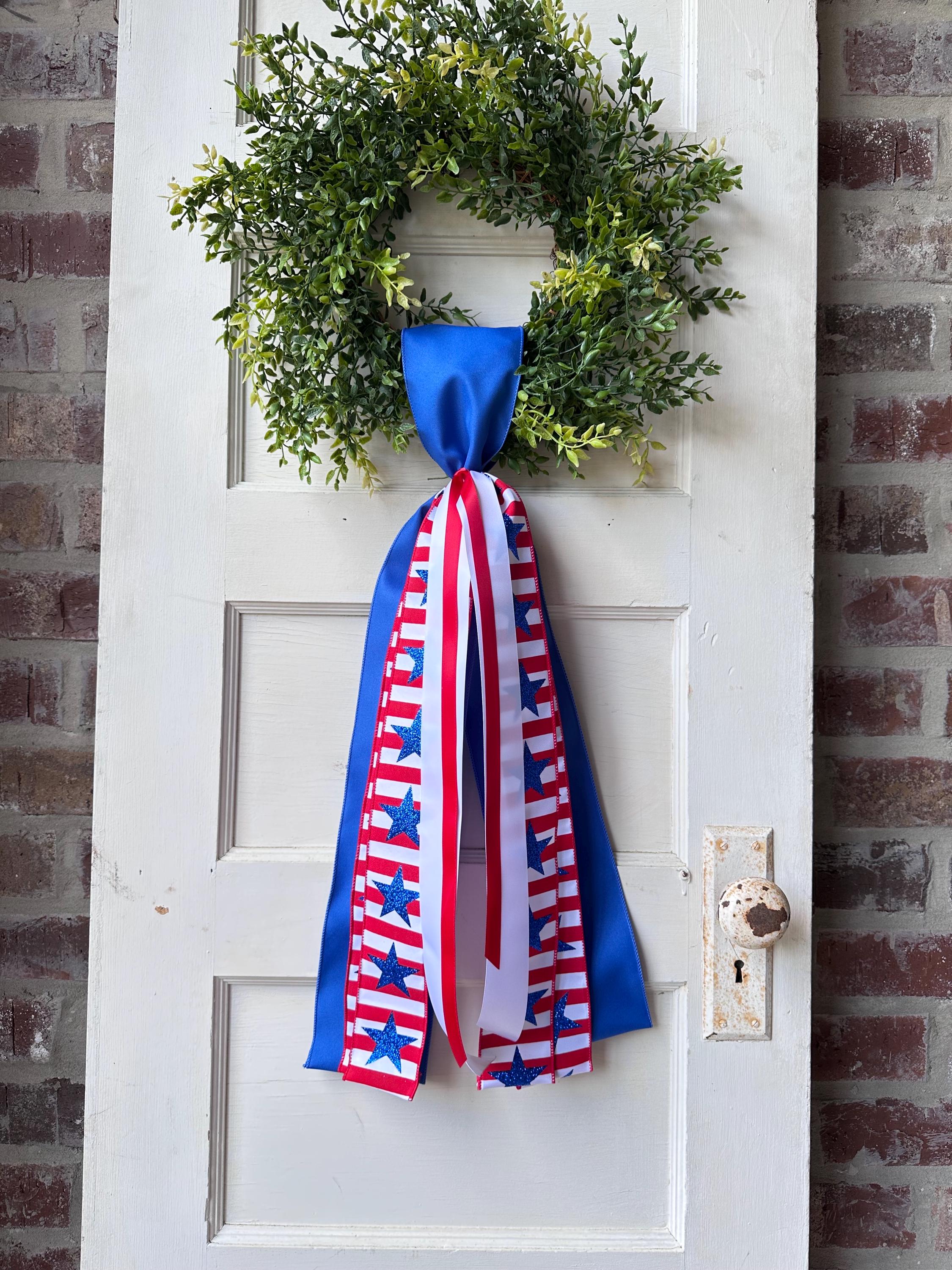 Red white blue plaid wreath sash patriotic front door ribbon bow 4th of July boxwood wreath decor Americana wired ribbon sash stars stripes