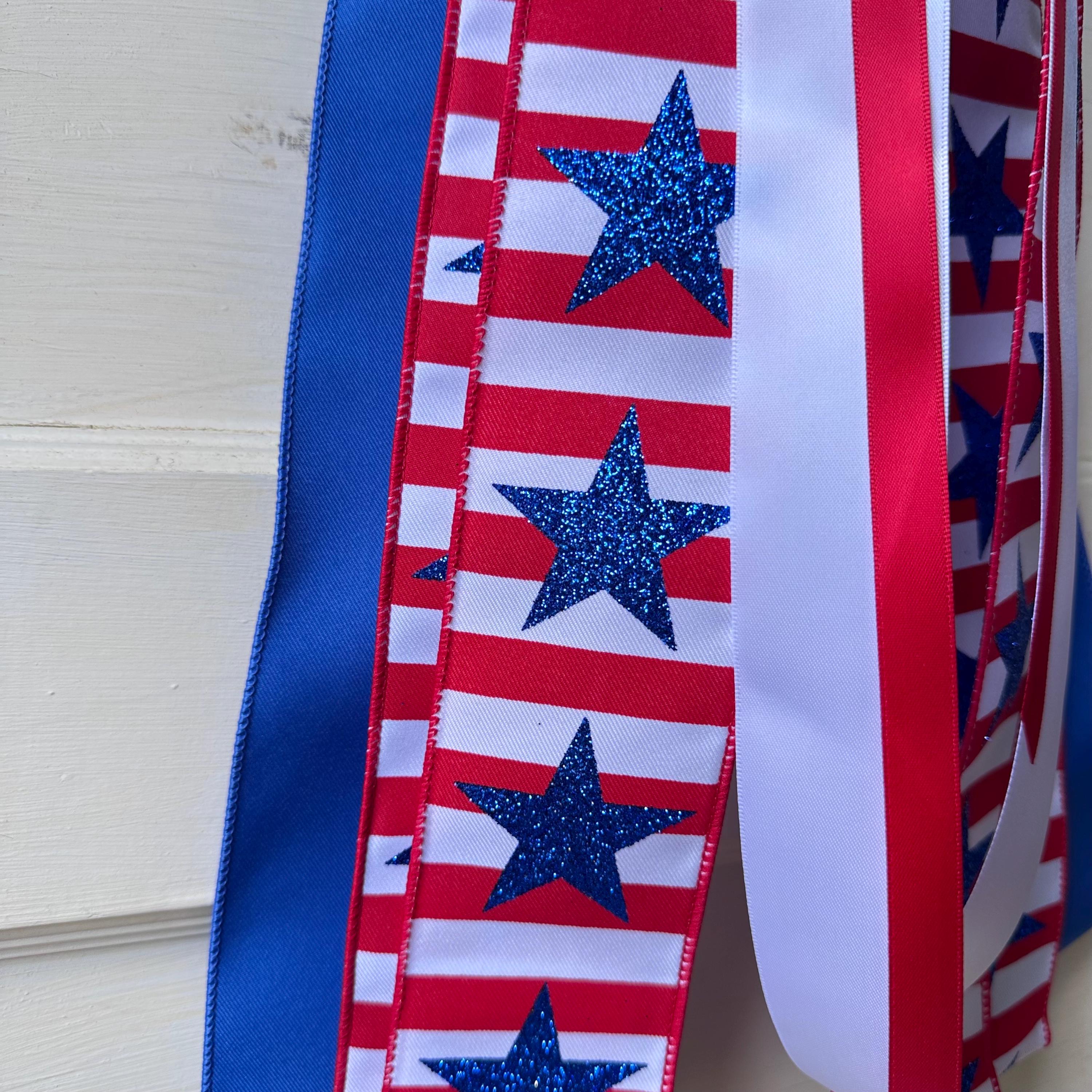Red white blue plaid wreath sash patriotic front door ribbon bow 4th of July boxwood wreath decor Americana wired ribbon sash stars stripes