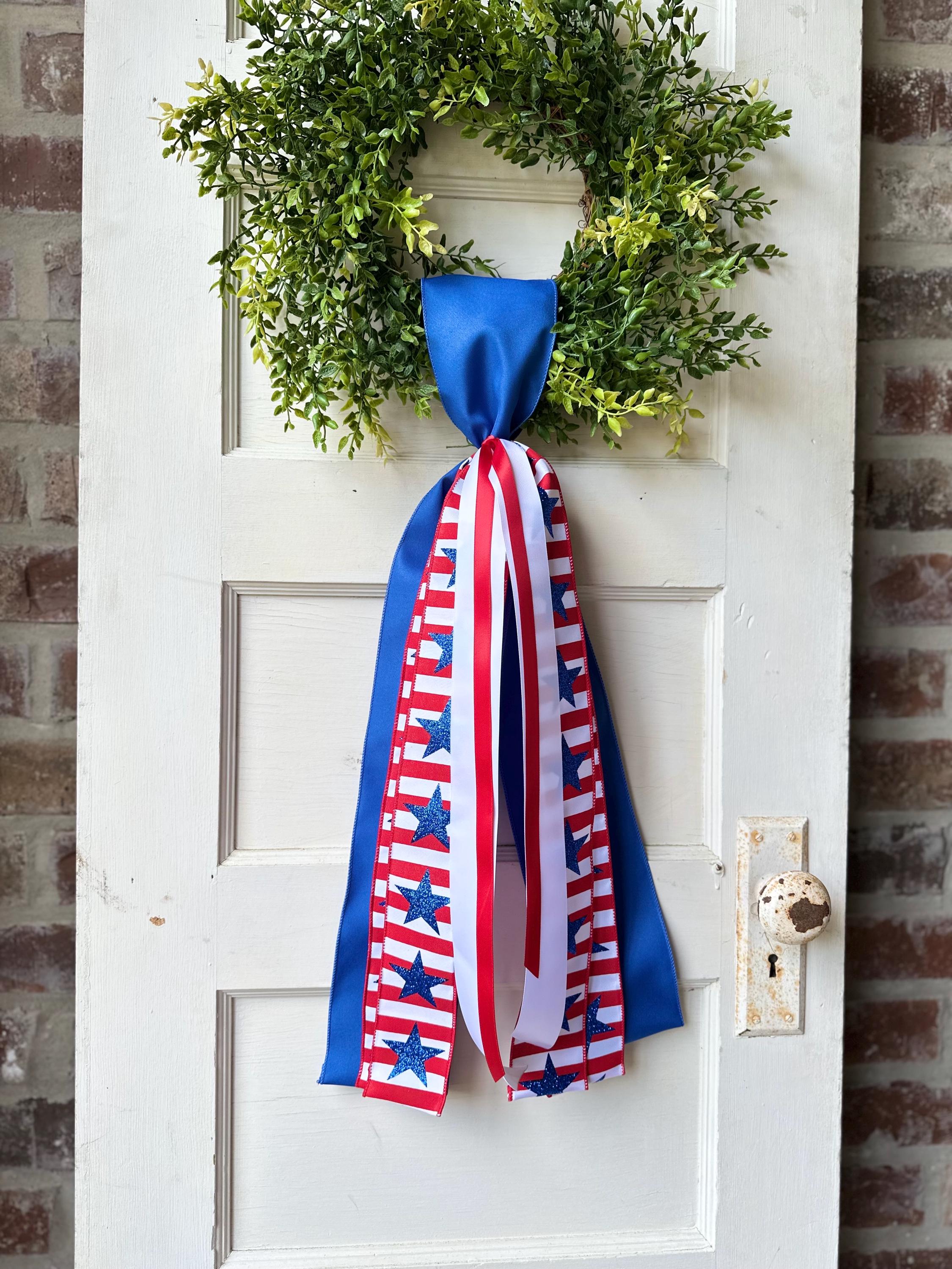 Red white blue plaid wreath sash patriotic front door ribbon bow 4th of July boxwood wreath decor Americana wired ribbon sash stars stripes