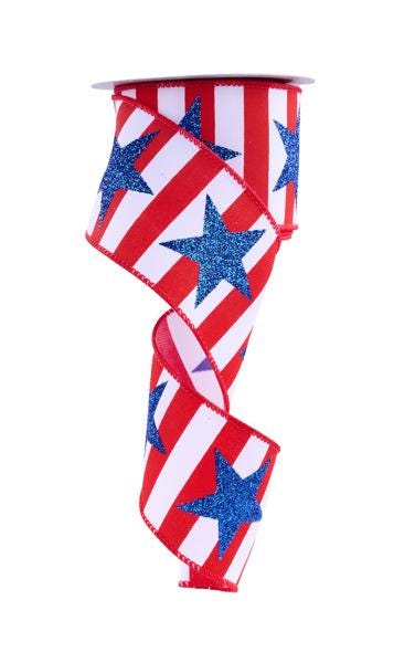 Patriotic Stars and Stripes Wired Ribbon, Red White Blue USA Decor Ribbon