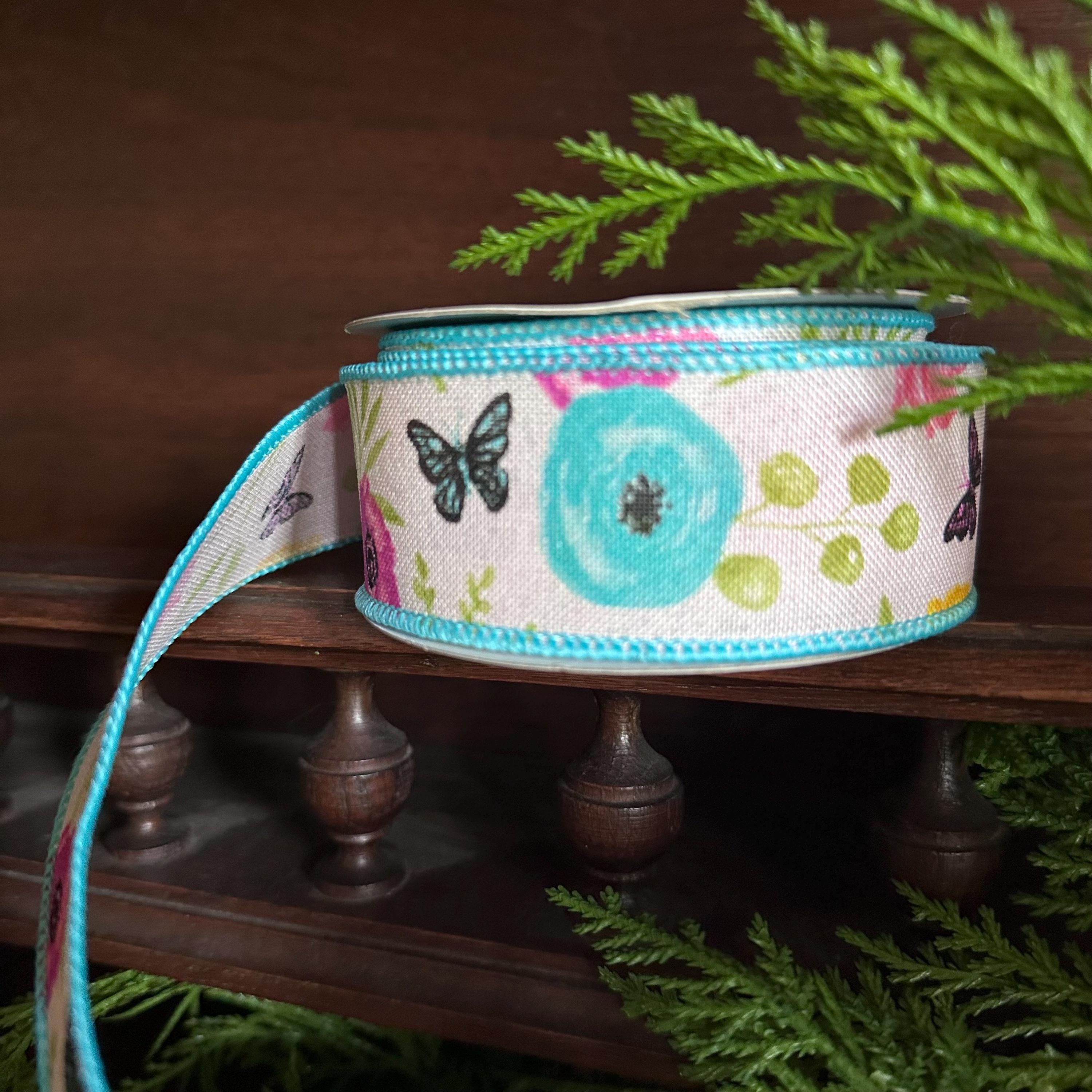 Wildflower Butterfly Wired Ribbon for Wreaths and Bows – Spring Floral Crafting Supplies