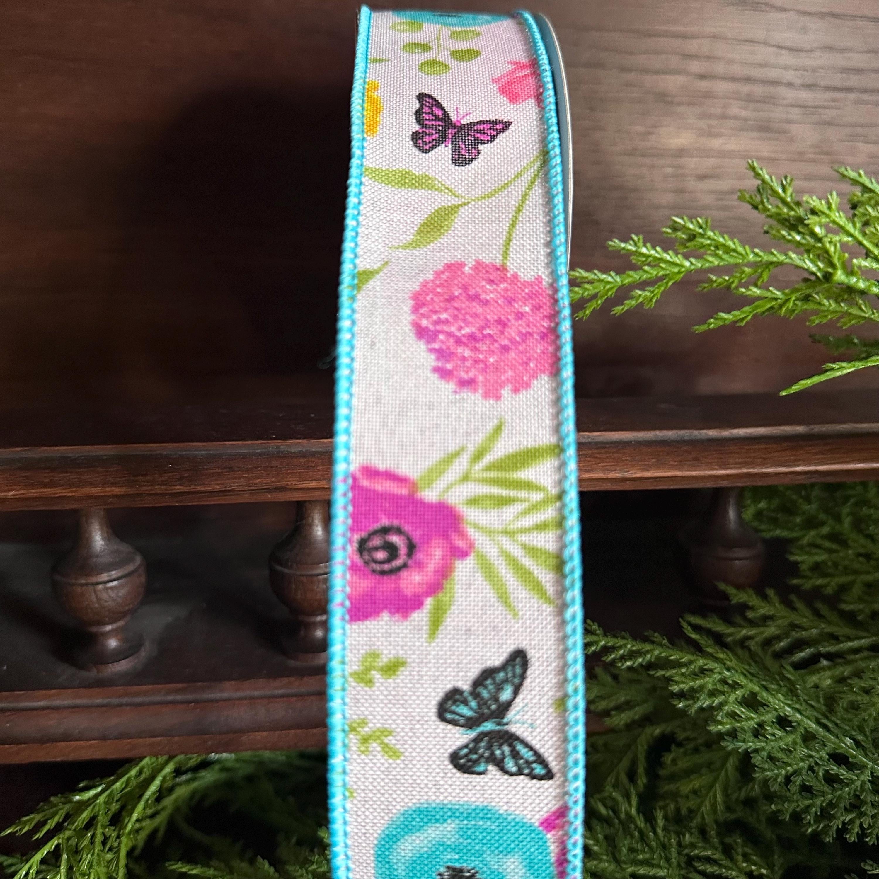 Wildflower Butterfly Wired Ribbon for Wreaths and Bows – Spring Floral Crafting Supplies