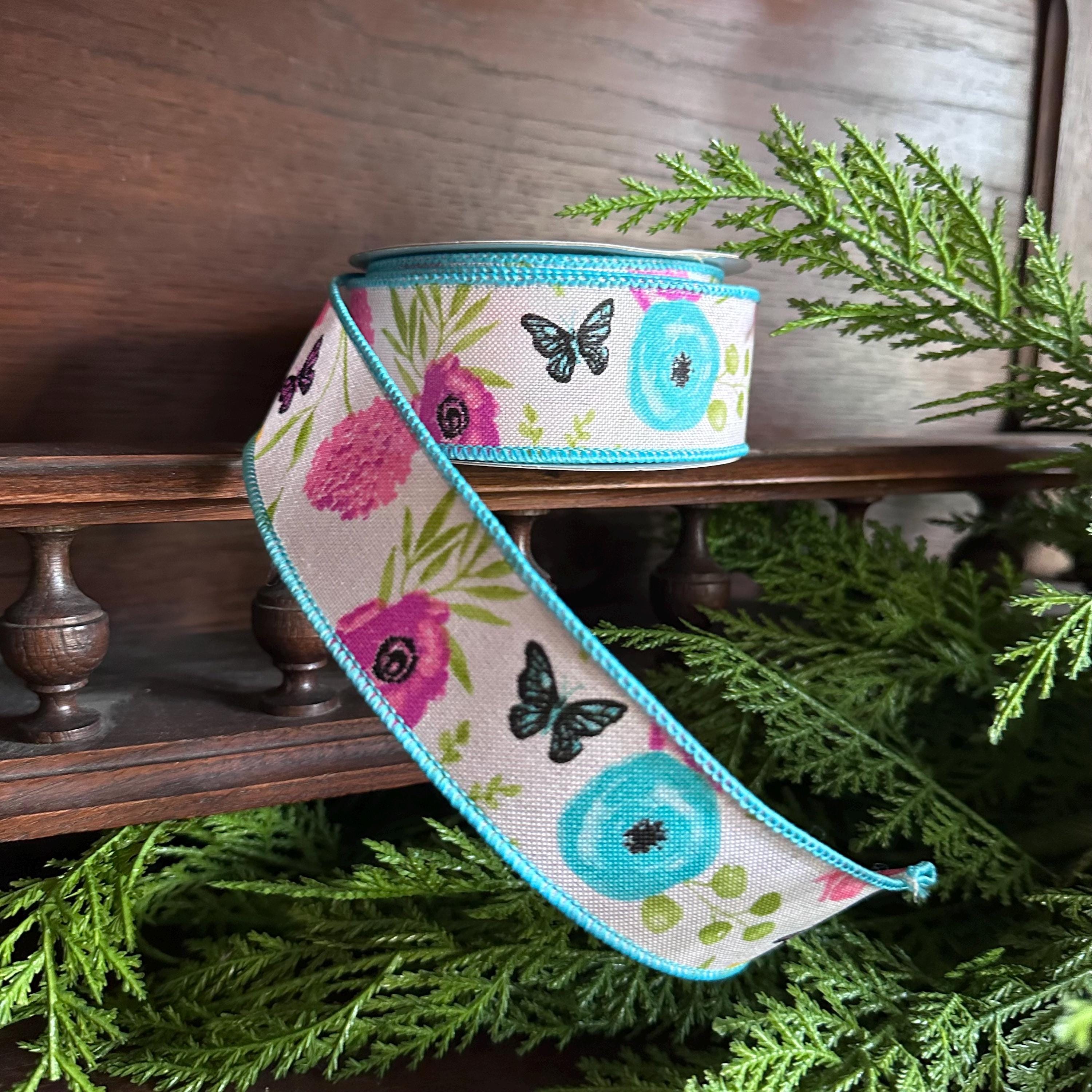 Wildflower Butterfly Wired Ribbon for Wreaths and Bows – Spring Floral Crafting Supplies