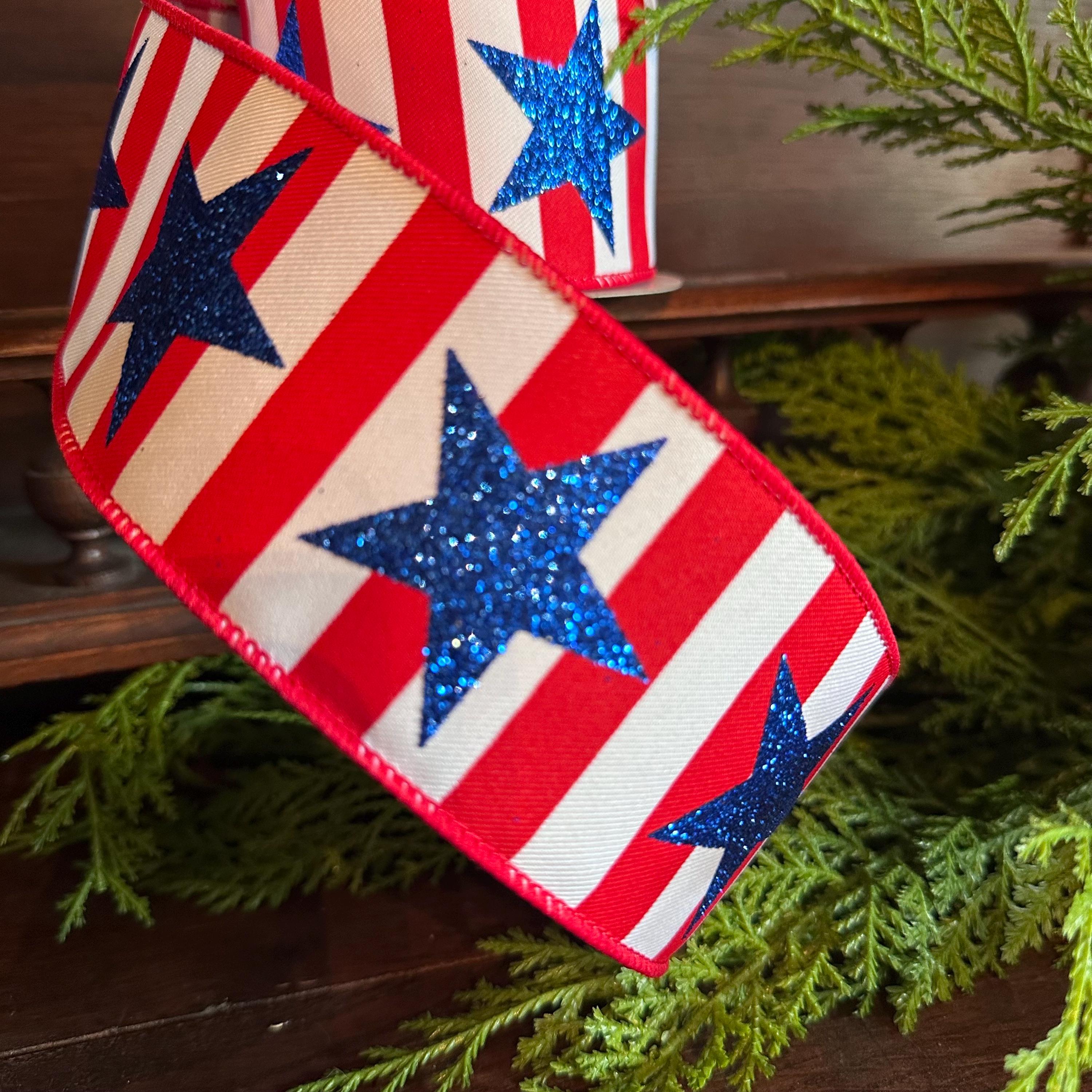 Patriotic Stars and Stripes Wired Ribbon, Red White Blue USA Decor Ribbon