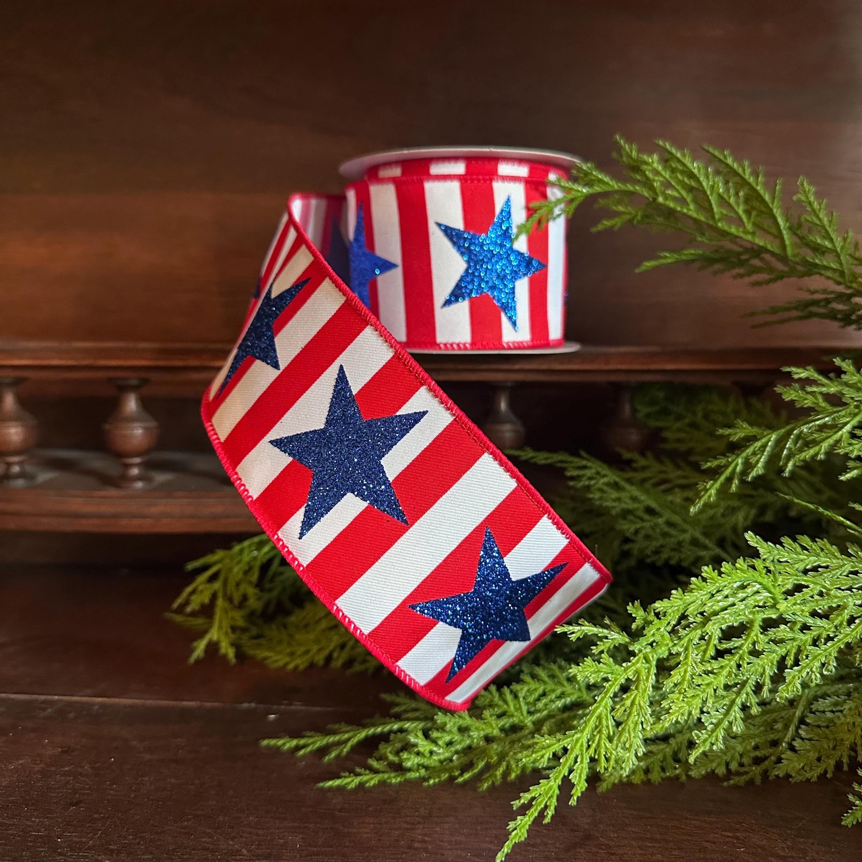 Patriotic Stars and Stripes Wired Ribbon, Red White Blue USA Decor Ribbon