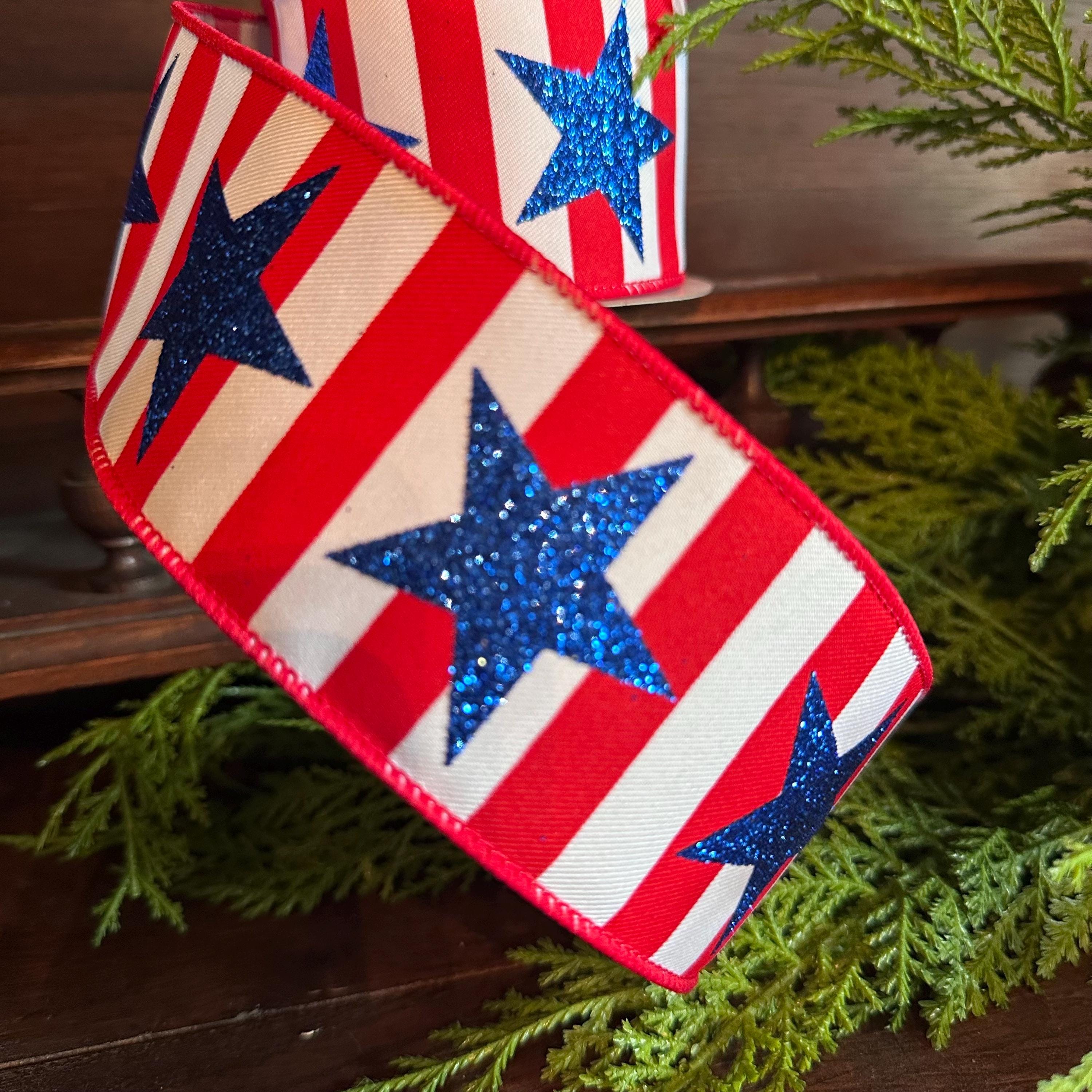 Patriotic Stars and Stripes Wired Ribbon, Red White Blue USA Decor Ribbon