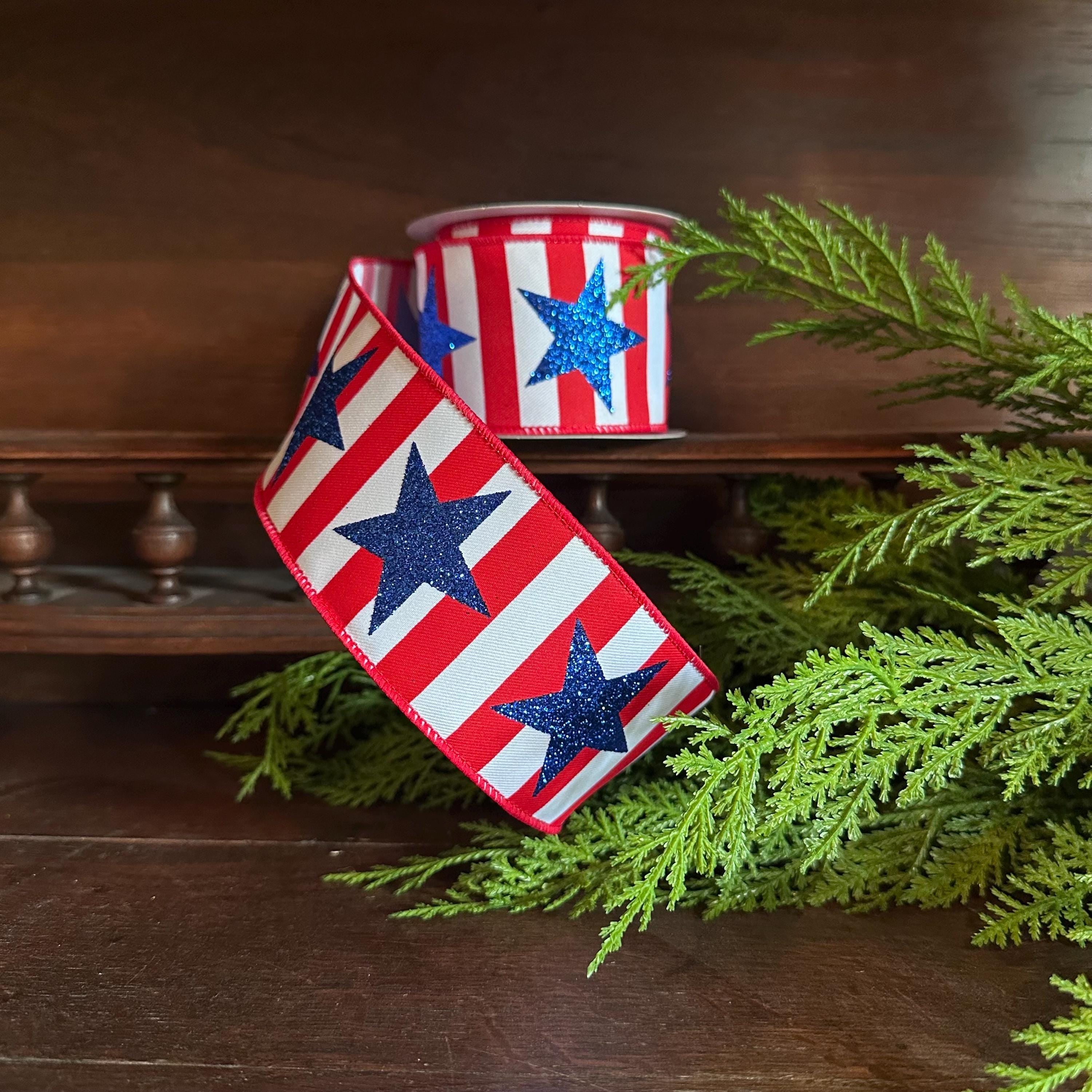 Patriotic Stars and Stripes Wired Ribbon, Red White Blue USA Decor Ribbon