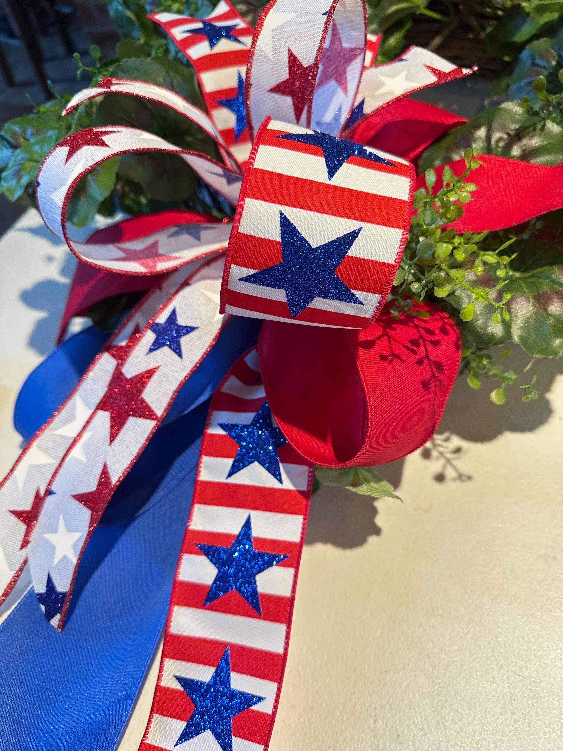 Patriotic Stars and Stripes Wired Ribbon, Red White Blue USA Decor Ribbon