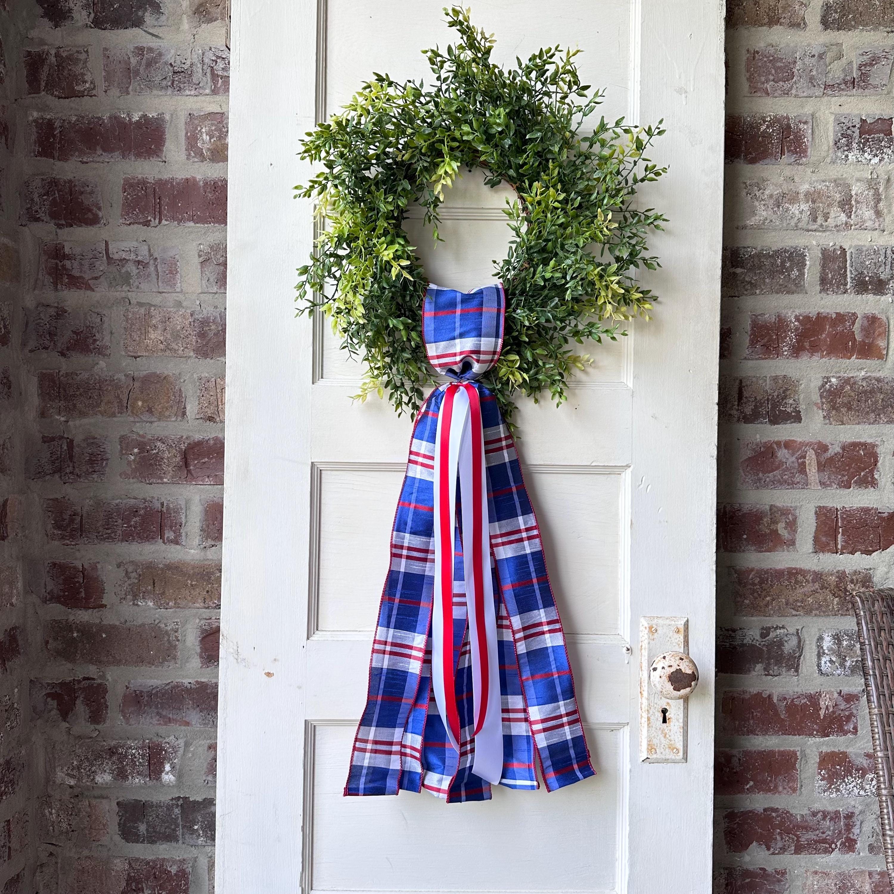 Red white blue plaid wreath sash patriotic front door ribbon bow 4th of July boxwood wreath decor Americana wired ribbon sash