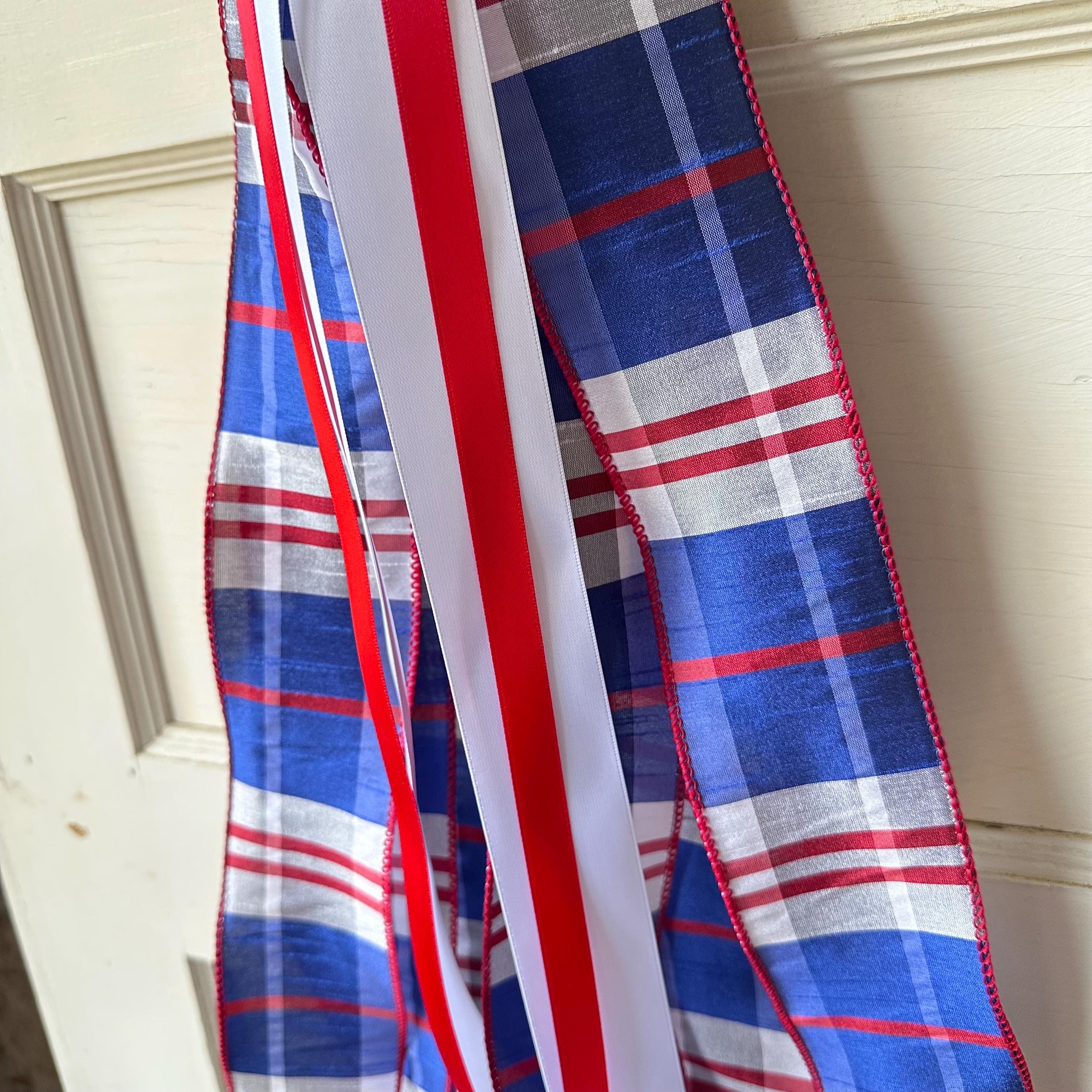 Red white blue plaid wreath sash patriotic front door ribbon bow 4th of July boxwood wreath decor Americana wired ribbon sash