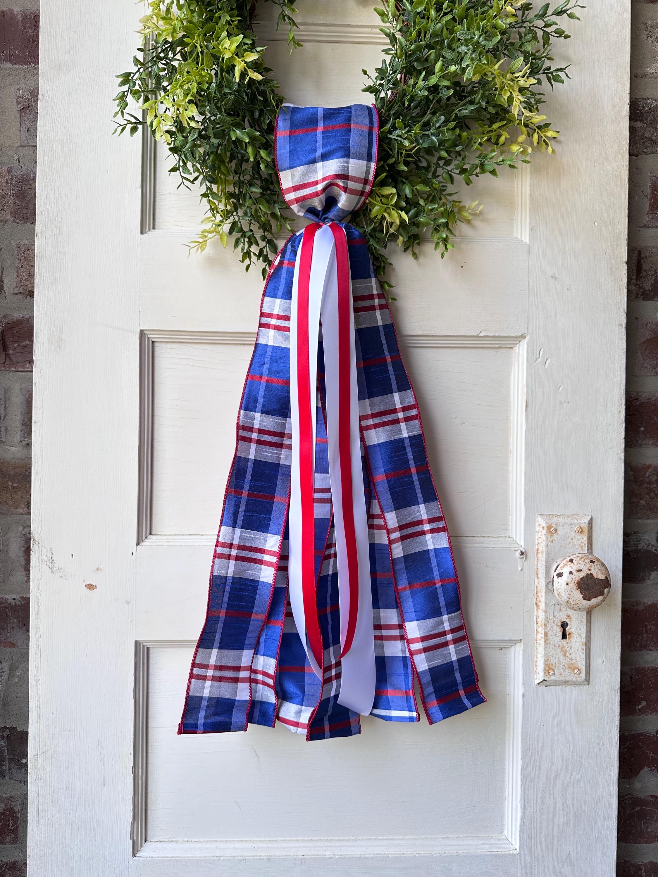Red white blue plaid wreath sash patriotic front door ribbon bow 4th of July boxwood wreath decor Americana wired ribbon sash