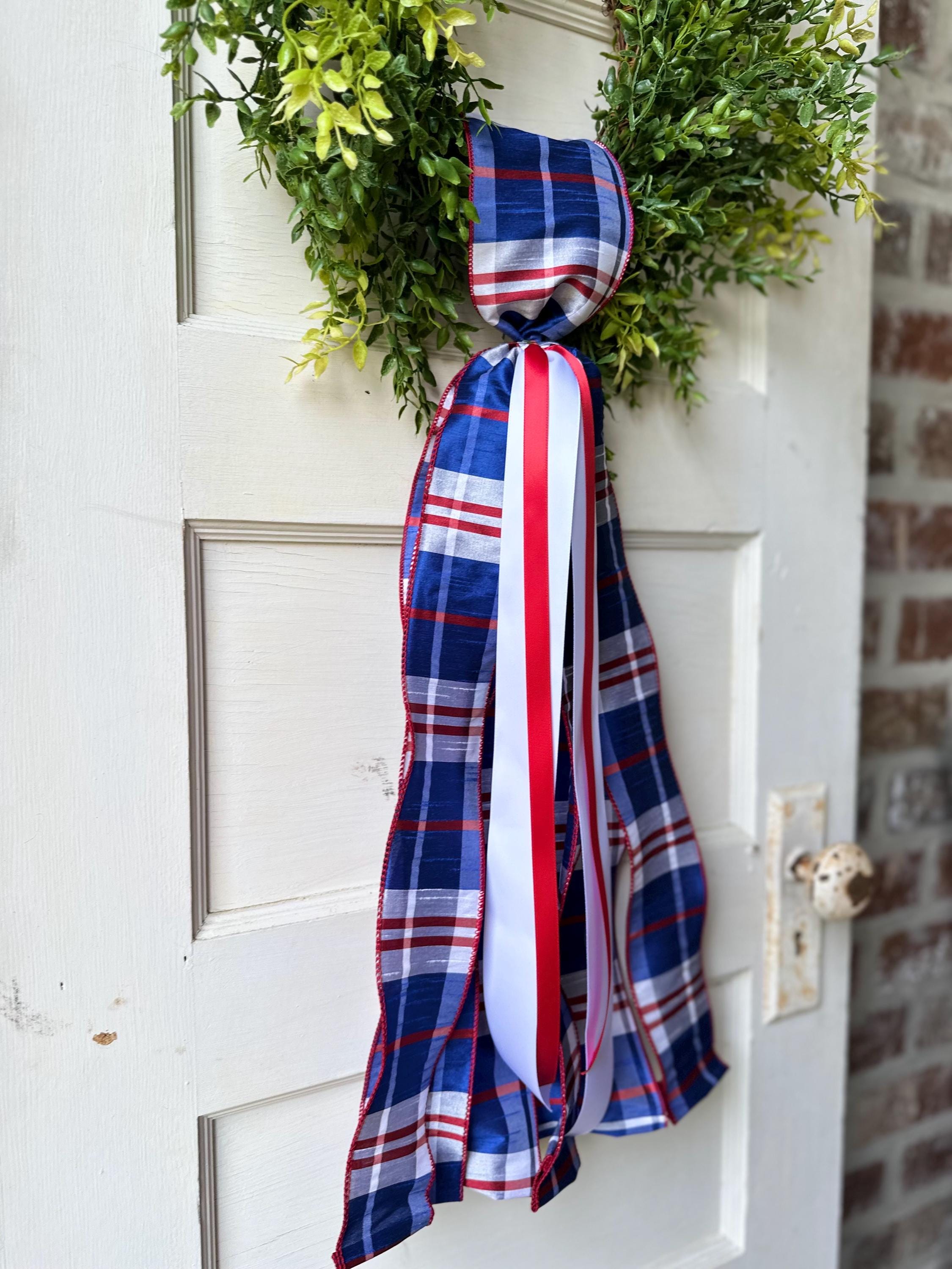 Red white blue plaid wreath sash patriotic front door ribbon bow 4th of July boxwood wreath decor Americana wired ribbon sash