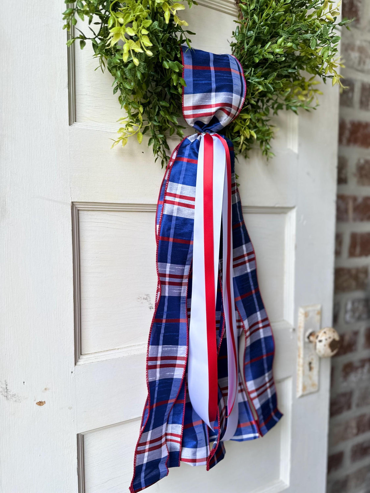 Red white blue plaid wreath sash patriotic front door ribbon bow 4th of July boxwood wreath decor Americana wired ribbon sash