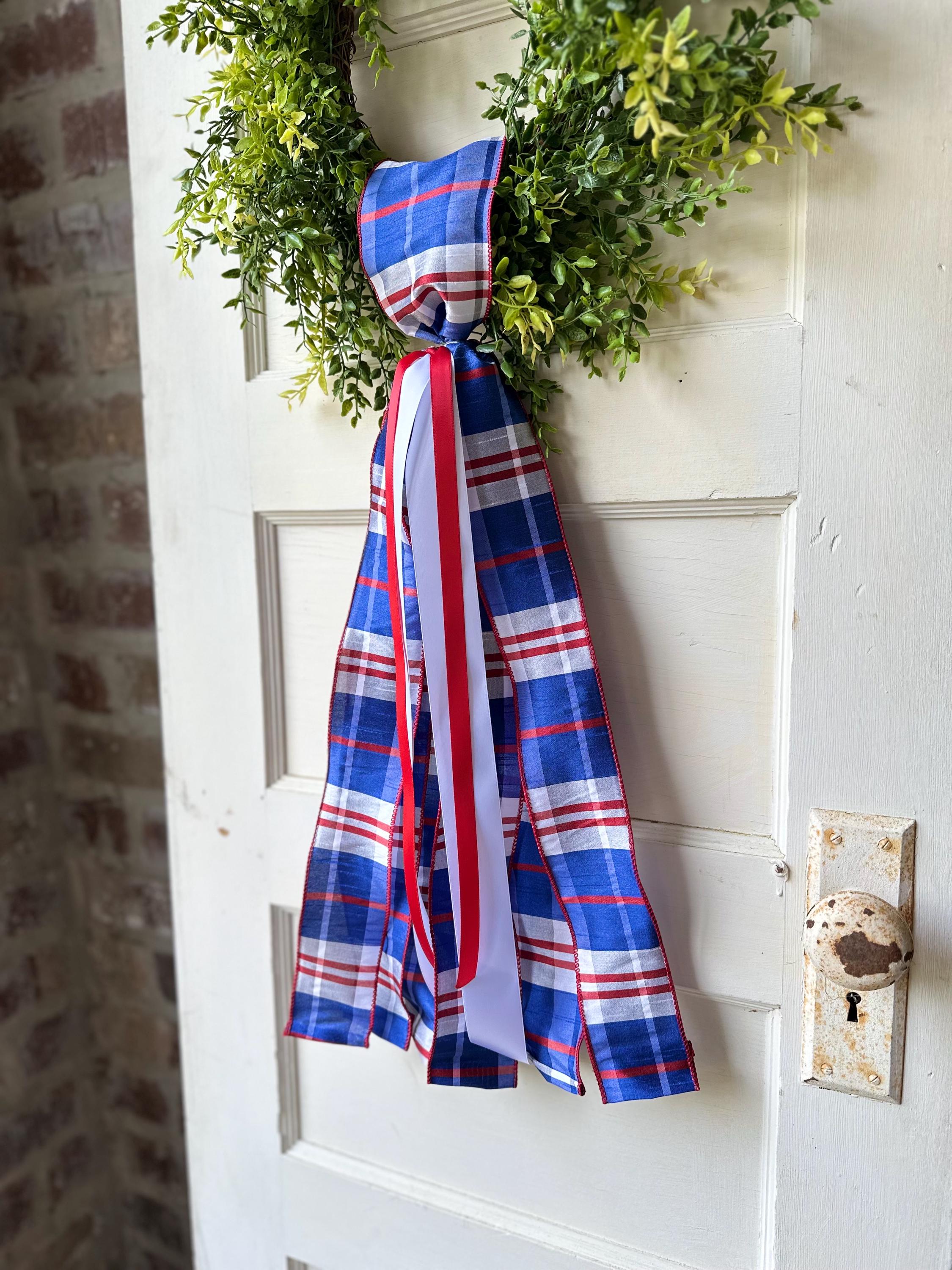 Red white blue plaid wreath sash patriotic front door ribbon bow 4th of July boxwood wreath decor Americana wired ribbon sash