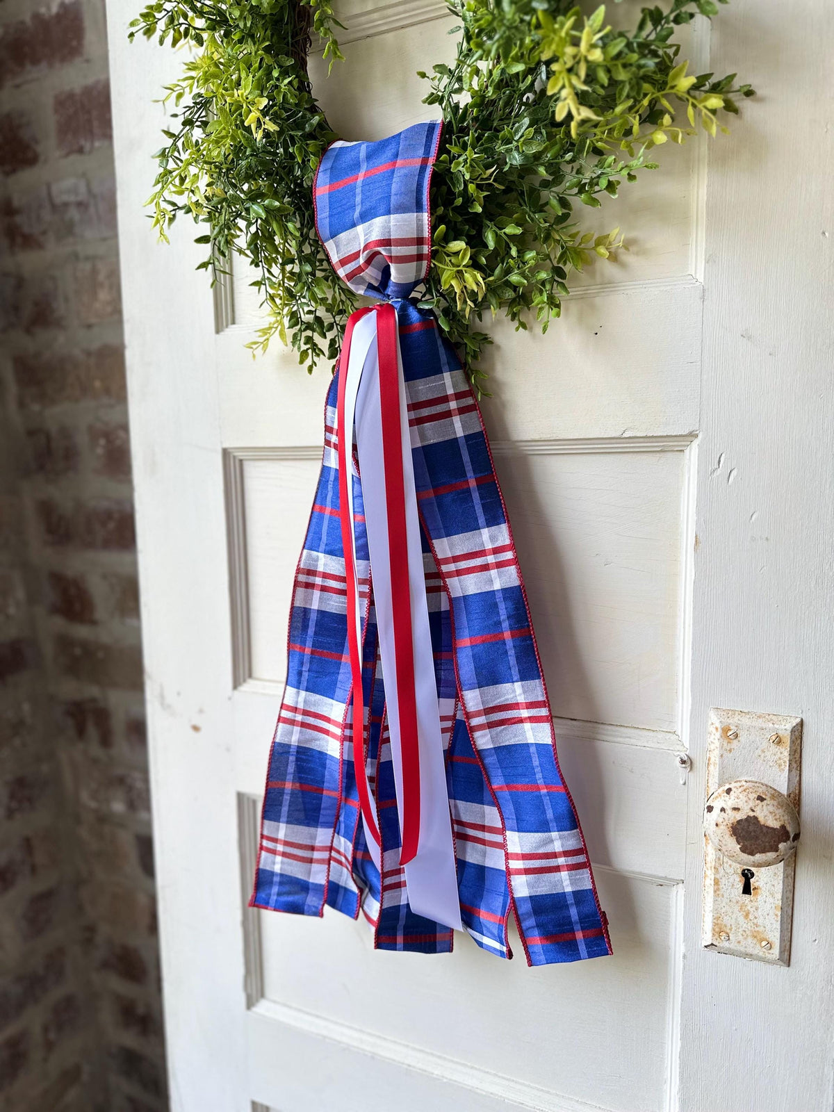 Red white blue plaid wreath sash patriotic front door ribbon bow 4th of July boxwood wreath decor Americana wired ribbon sash