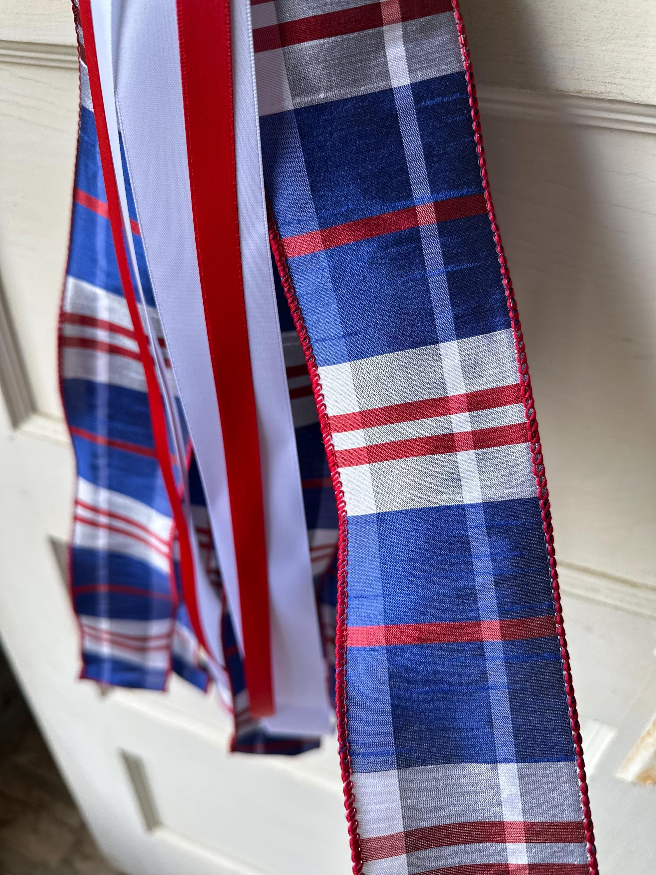 Red white blue plaid wreath sash patriotic front door ribbon bow 4th of July boxwood wreath decor Americana wired ribbon sash